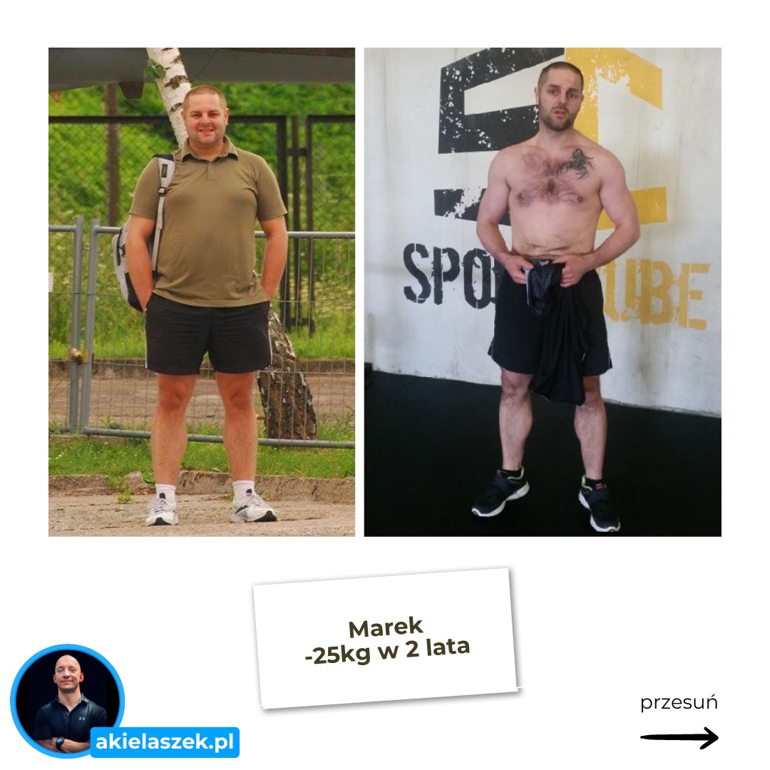 Mężczyzna przed i po metamorfozie sylwetki, prezentujący efekt utraty wagi (-25kg w 2 lata), z widocznym adresem strony internetowej trenera.