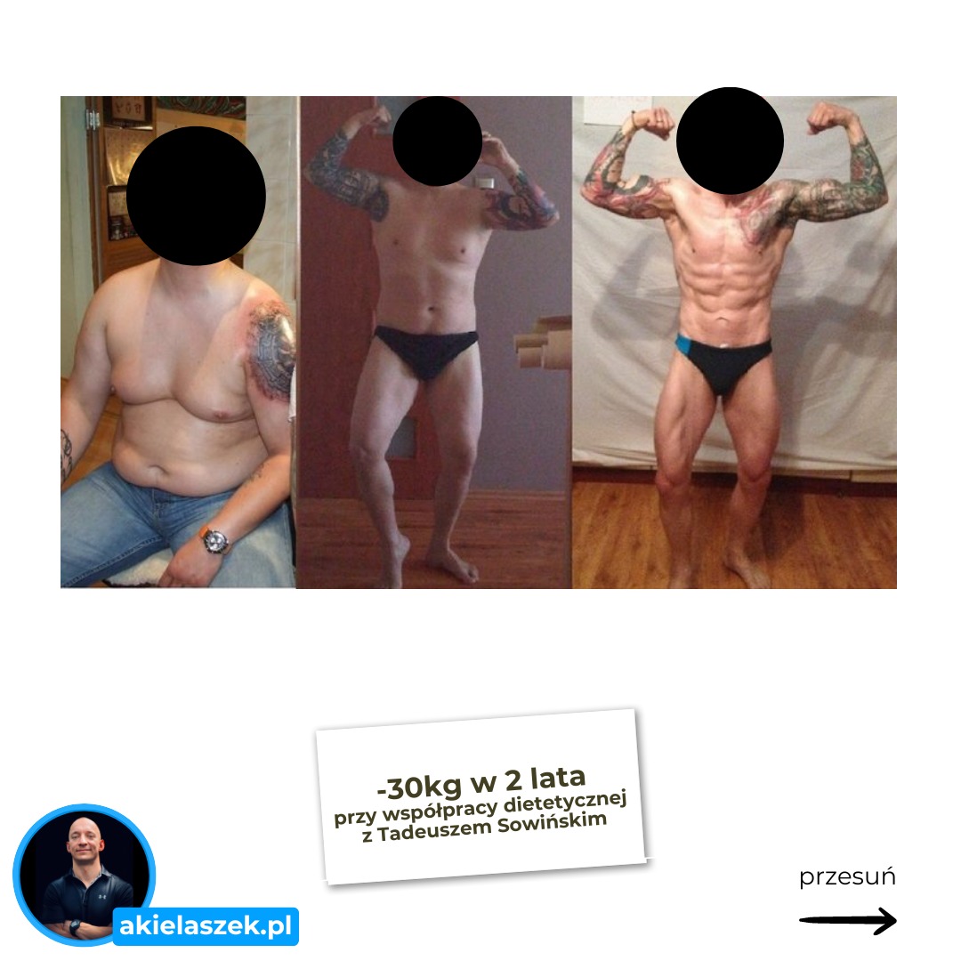 Metamorfoza sylwetki mężczyzny: zdjęcie 'przed' z nadwagą, 'w trakcie' i 'po' z widocznymi mięśniami brzucha. Efekt współpracy dietetycznej.