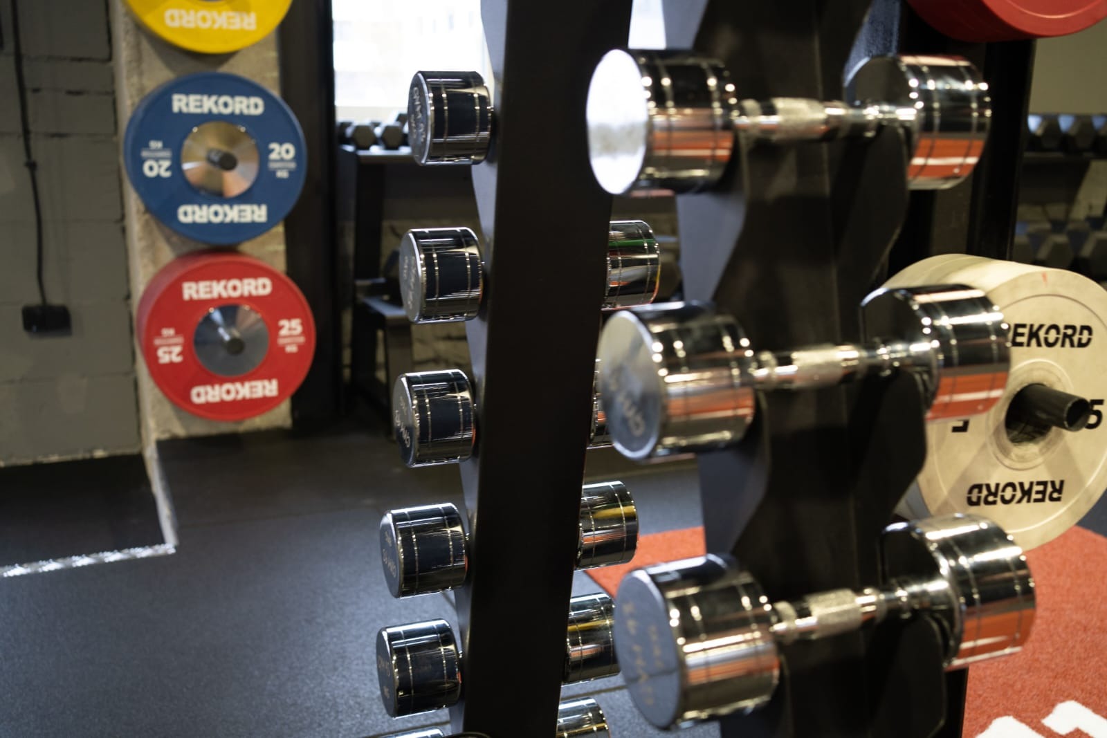 Rząd chromowanych hantli na stojaku w siłowni, z kolorowymi obciążeniami w tle. Widoczne detale sprzętu do ćwiczeń, oświetlenie podkreśla metaliczny połysk.