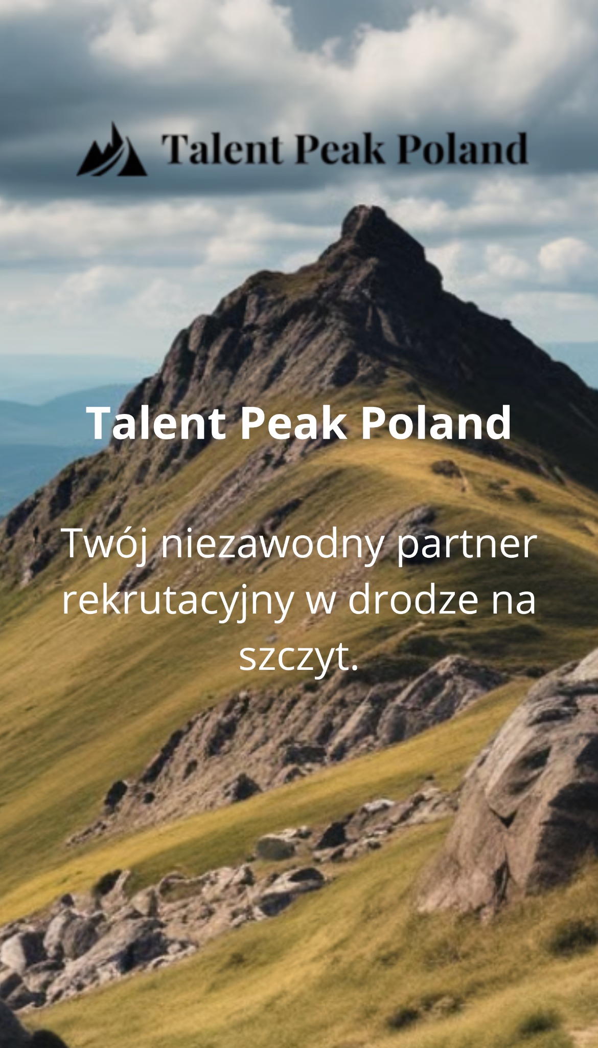 Logo Talent Peak Poland na tle górskiego krajobrazu z hasłem o partnerstwie rekrutacyjnym. Góry symbolizują dążenie do szczytu w karierze.