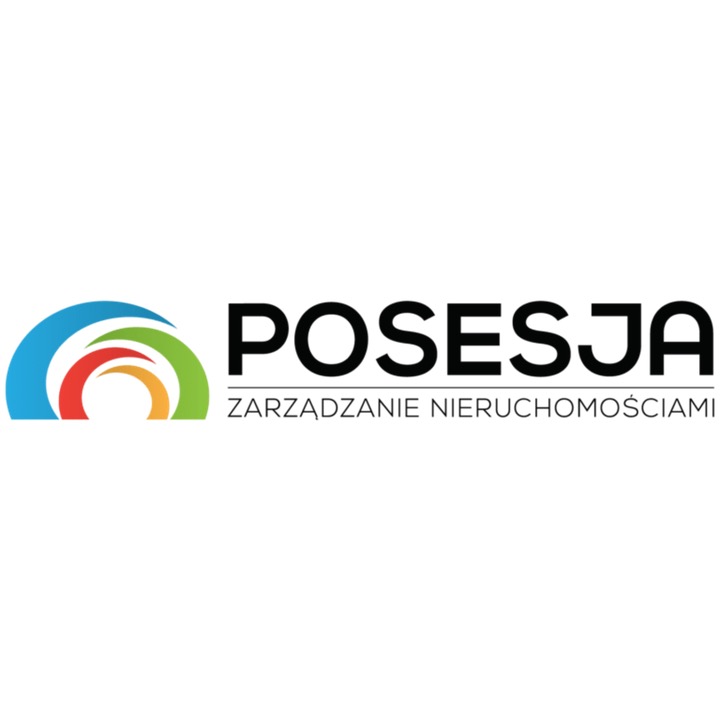 Logo firmy 'Posesja' z tęczowym symbolem i napisem 'Zarządzanie Nieruchomościami' pod nazwą, na białym tle. Minimalistyczny design.