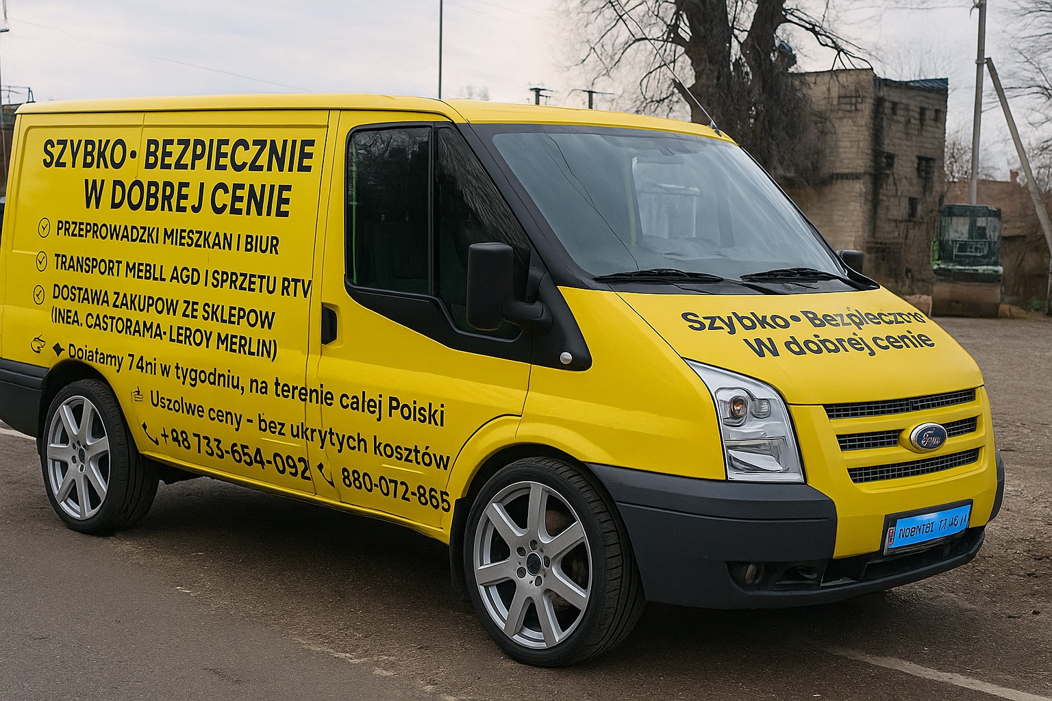 Żółty bus Ford Transit z reklamą usług transportowych: przeprowadzki, transport mebli i dostawa zakupów. Widoczne numery telefonów i hasło 'Szybko, bezpiecznie, w dobrej cenie'.