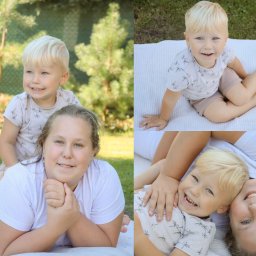 Klaudia Boguszewska - Kolaż z sesji rodzinnej w plenerze: uśmiechnięta mama z synem na kocu w parku, różne ujęcia i pozy, naturalne światło, zielone drzewa w tle.