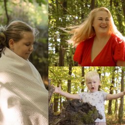 Klaudia Boguszewska - Kompozycja trzech portretów: dziewczynka w chuście, uśmiechnięta kobieta w czerwonej sukience i chłopiec z rozłożonymi rękami na tle leśnej scenerii.