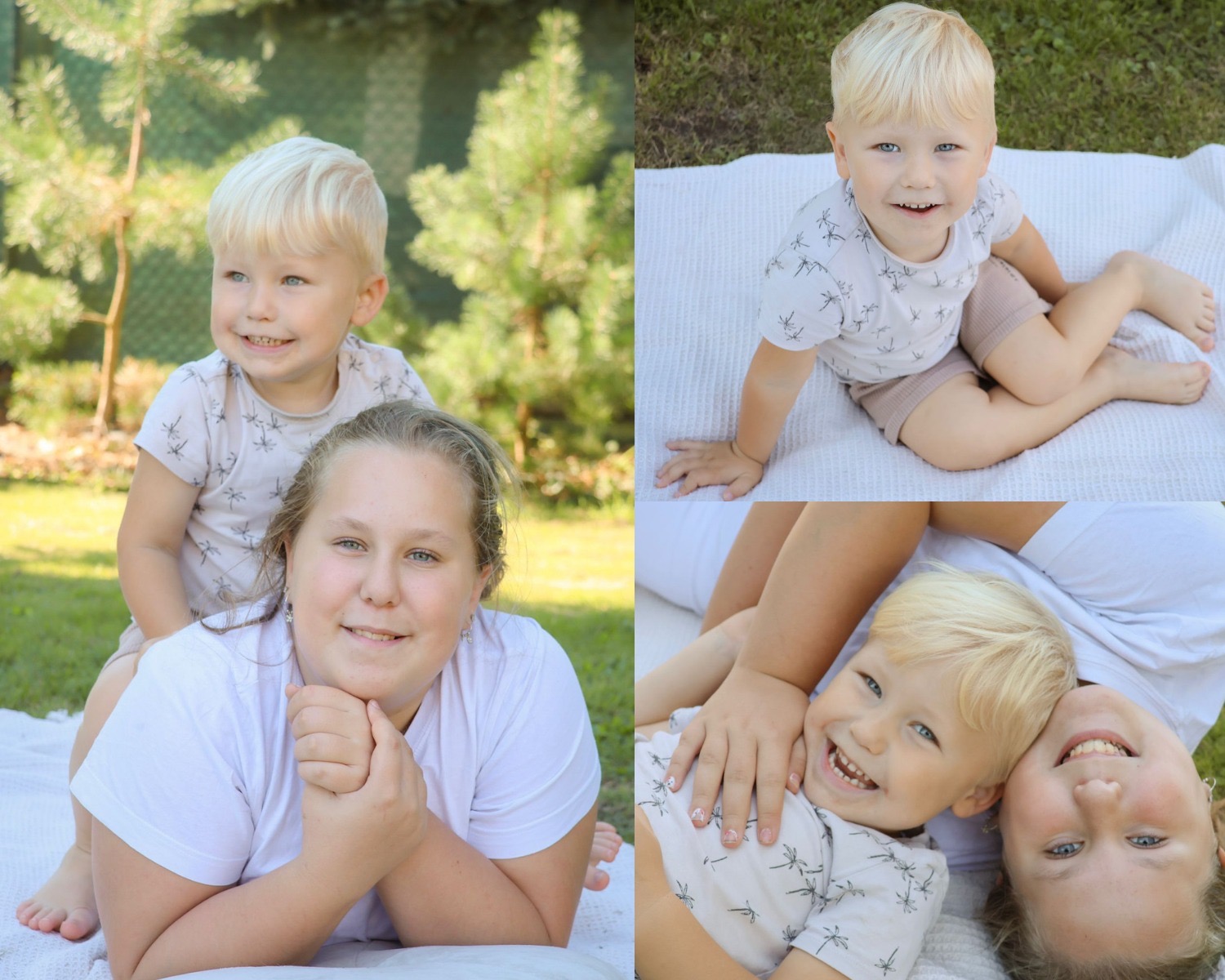 Kolaż z sesji rodzinnej w plenerze: uśmiechnięta mama z synem na kocu w parku, różne ujęcia i pozy, naturalne światło, zielone drzewa w tle.