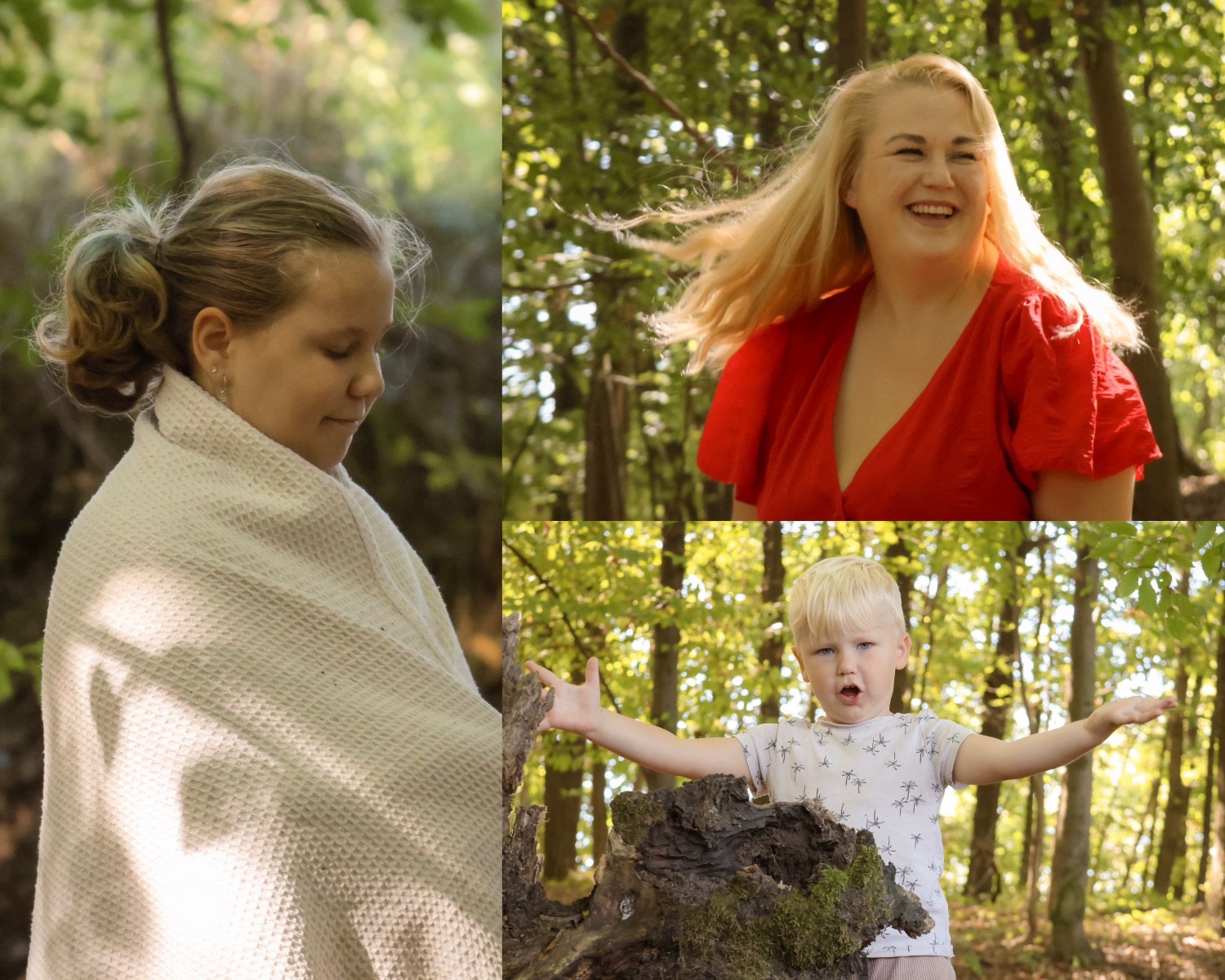 Kompozycja trzech portretów: dziewczynka w chuście, uśmiechnięta kobieta w czerwonej sukience i chłopiec z rozłożonymi rękami na tle leśnej scenerii.