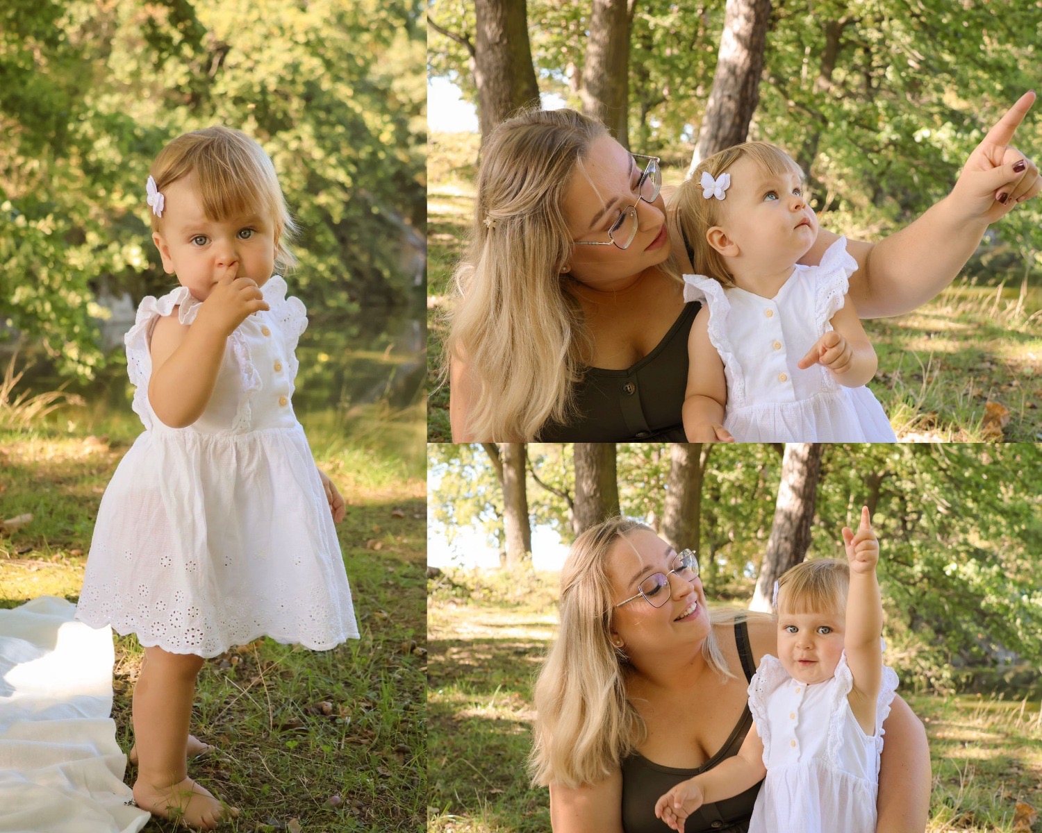 Kolaż z sesji rodzinnej w plenerze: mała dziewczynka w białej sukience pozuje samodzielnie i z mamą na tle zieleni drzew i wody. Ujęcia w różnej perspektywie.