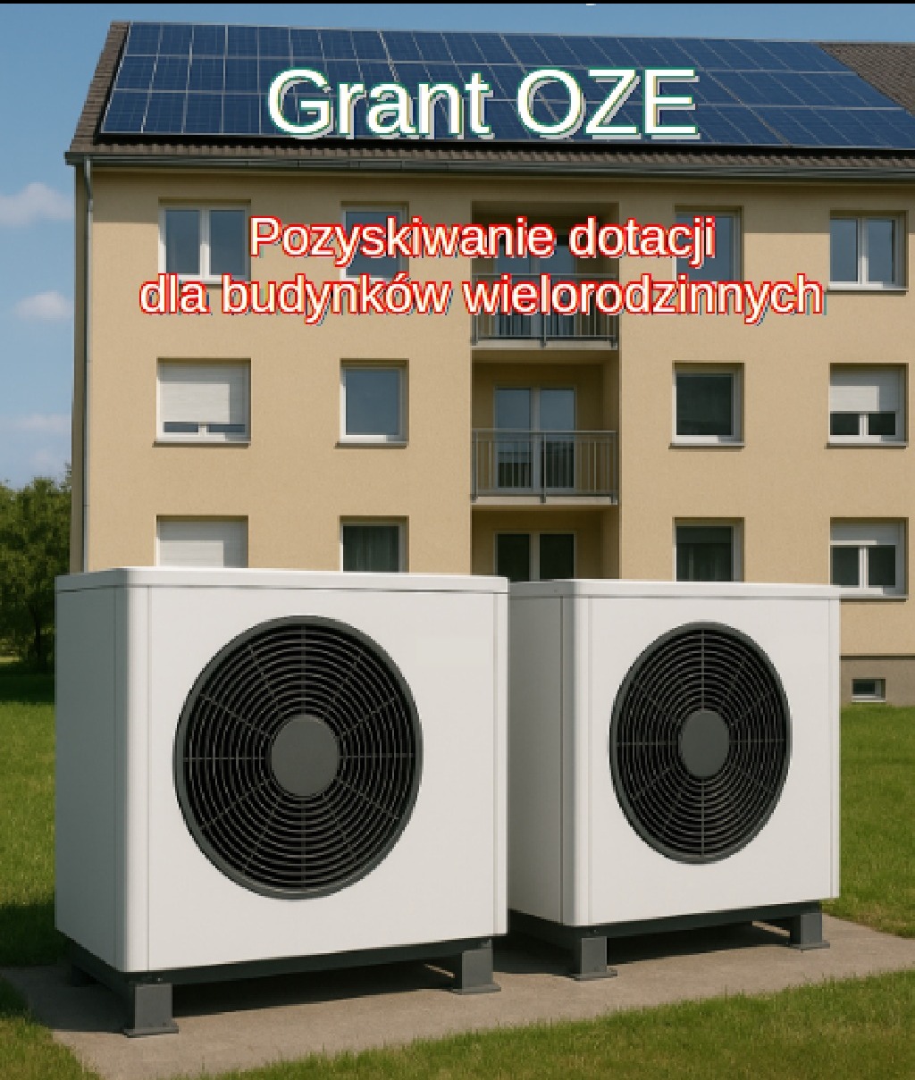 Dwie białe pompy ciepła na tle bloku z panelami słonecznymi i napisem 'Grant OZE', 'Pozyskiwanie dotacji dla budynków wielorodzinnych'.