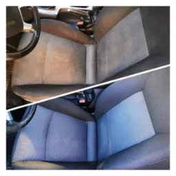 Fotel samochodowy: góra - mocno zabrudzony, dół - po czyszczeniu, widoczna duża różnica w kolorze i czystości tapicerki. Ujęcie z bliska, perspektywa z góry.