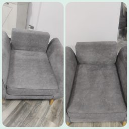 Pralnia tapicerek Paweł Iczetkin - Szara kanapa przed i po czyszczeniu tapicerki, widoczne różnice w odcieniu i plamach. Porównanie efektu prania na gładkim materiale z bliska.