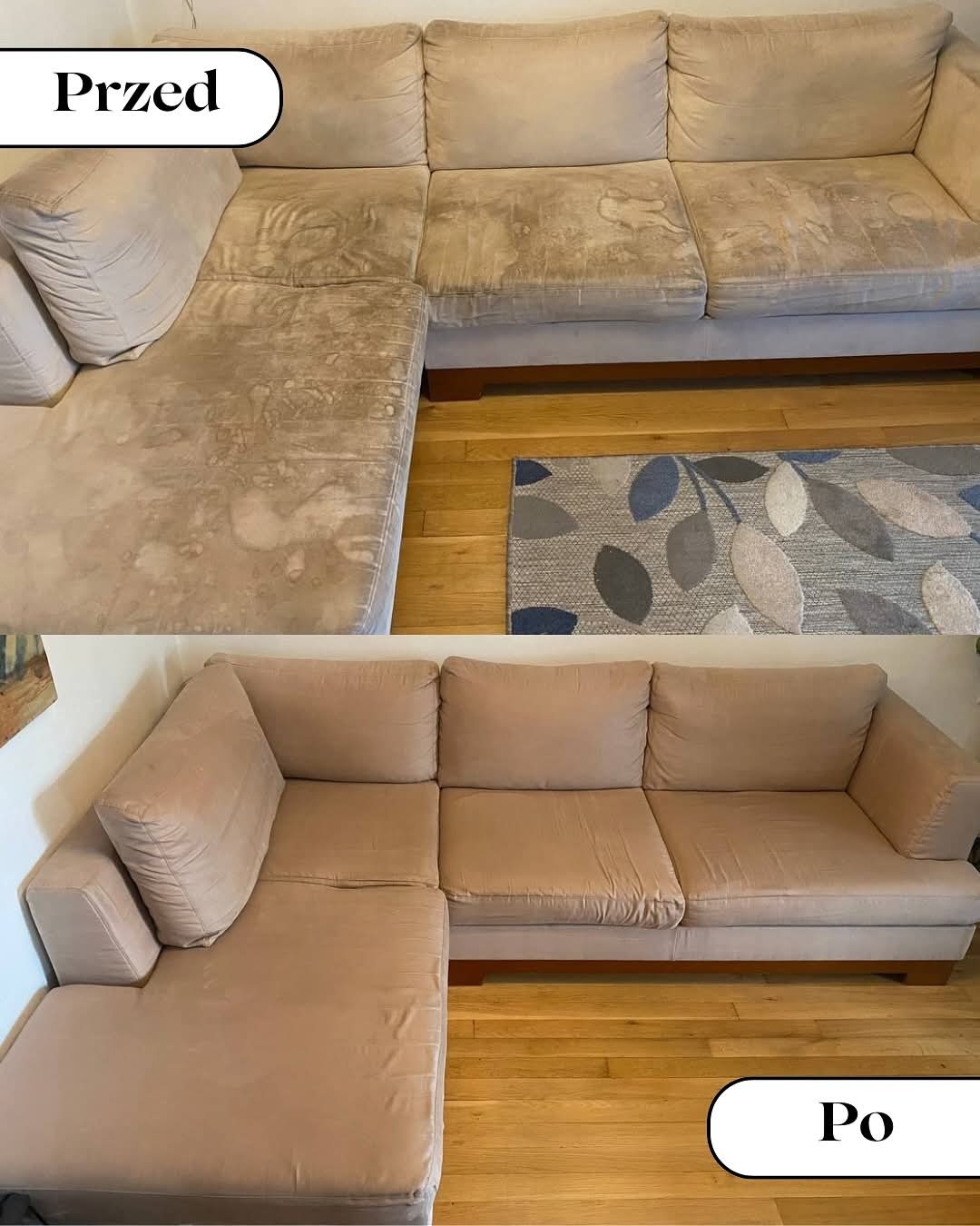 Zdjęcie 'przed i po' narożnika w odcieniach beżu. Widoczne plamy i zabrudzenia przed czyszczeniem, a po - czysty, odświeżony wygląd tapicerki.