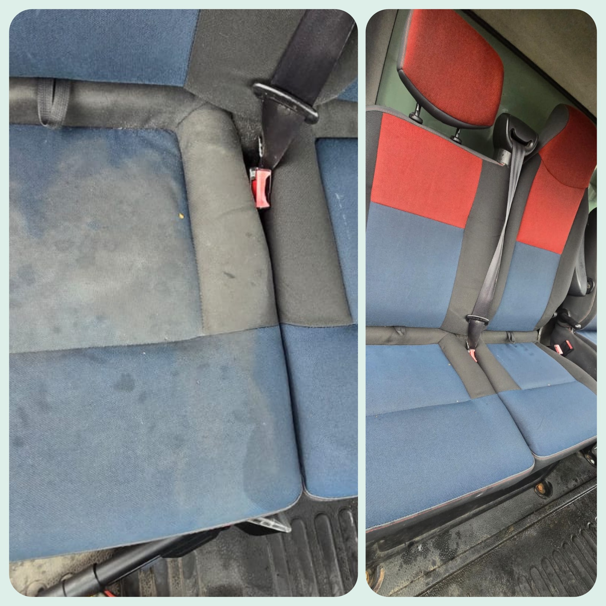 Tapicerka samochodowa przed i po czyszczeniu. Widoczne różnice w odcieniu i czystości materiału. Zastosowano czyszczenie miejscowe, aby usunąć plamy.