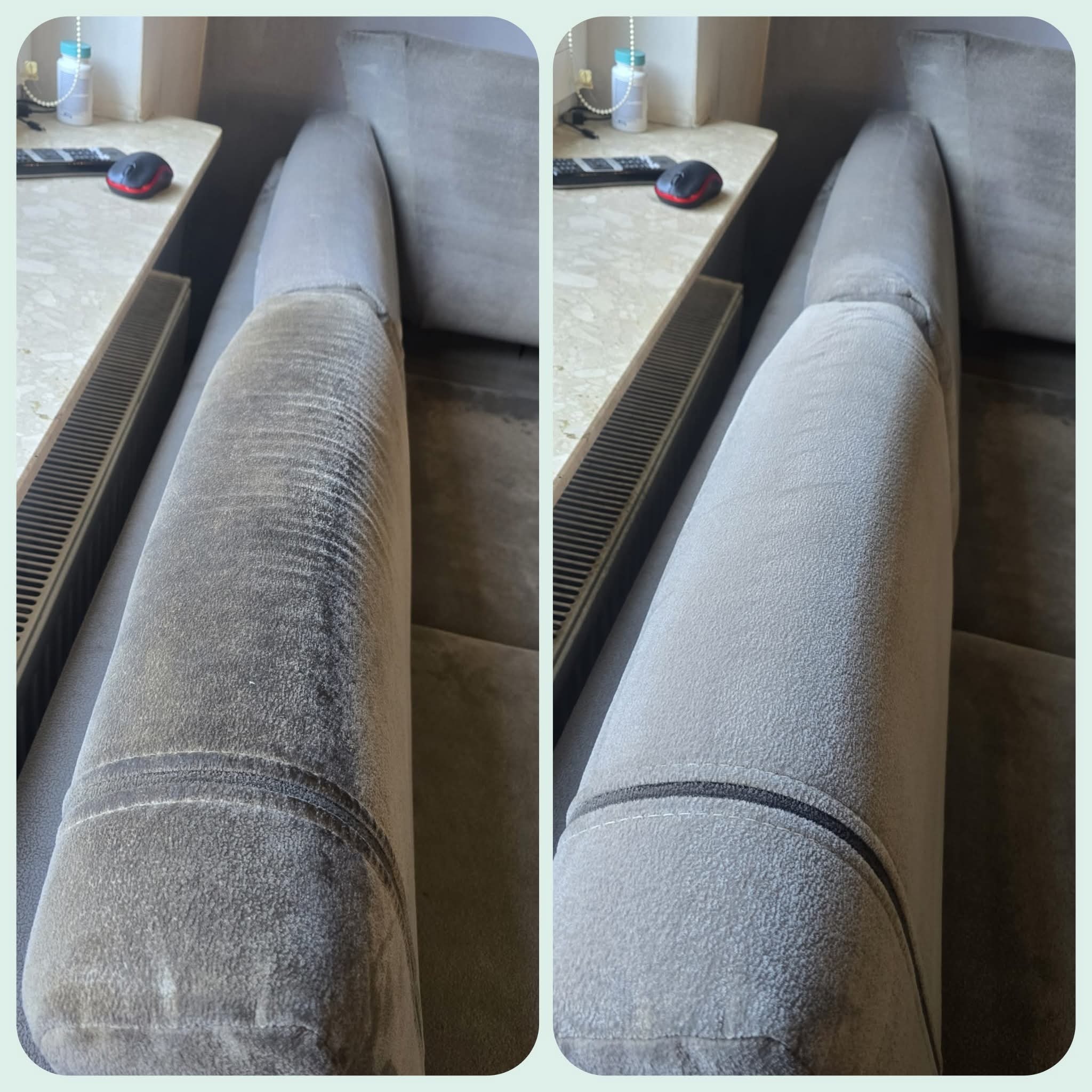 Szara kanapa: po lewej strona zabrudzona, po prawej czysta. Widoczny kaloryfer i myszka komputerowa na parapecie. Efekt czyszczenia tapicerki.