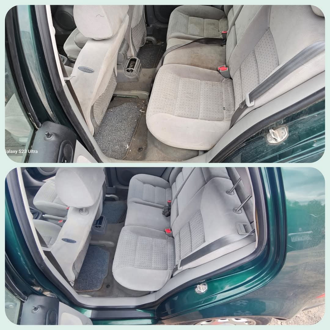 Tapicerka samochodowa: widok przed (brudna) i po (czysta). Szare siedzenia i dywaniki w zielonym samochodzie. Efekt czyszczenia tapicerki.