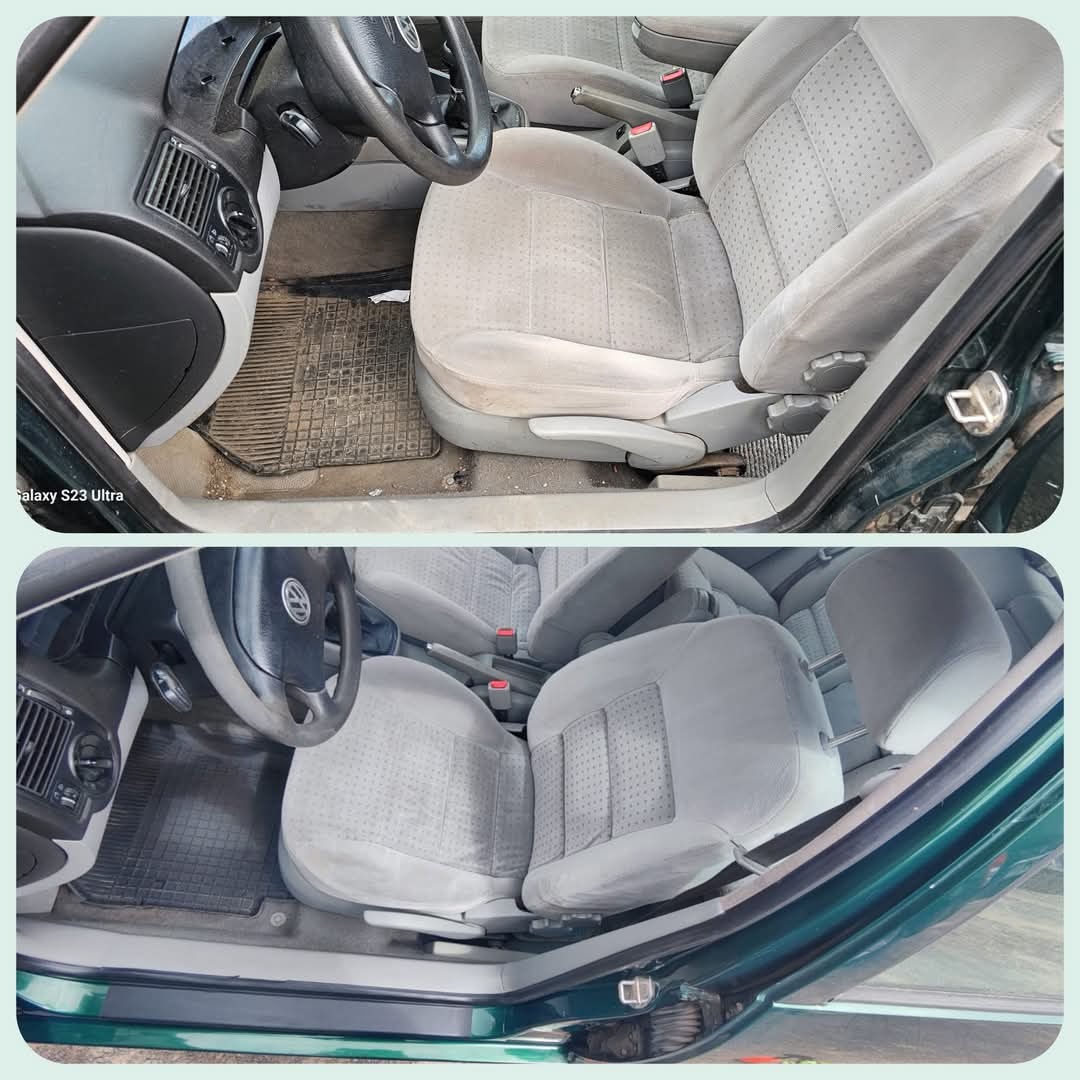 Tapicerka samochodowa przed i po praniu: widoczne różnice w czystości fotela i dywanika, wnętrze pojazdu z otwartymi drzwiami.