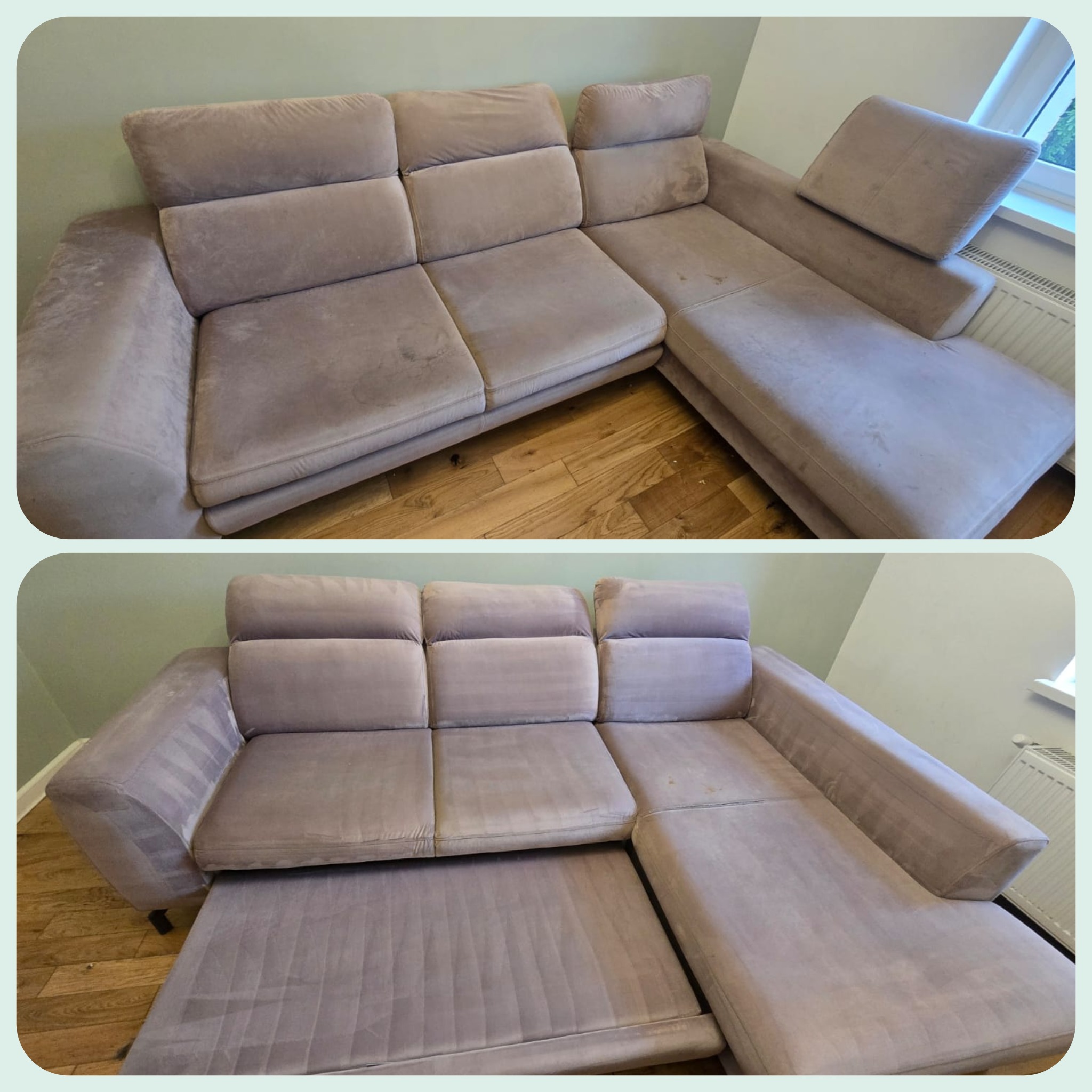 Dwuobrazowe ujęcie narożnika z tapicerką w odcieniach beżu: górne z widocznymi plamami, dolne po czyszczeniu z wyraźnymi śladami prania.