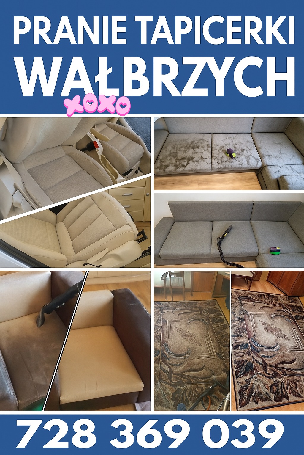 Kolaż zdjęć z realizacji usług czyszczenia tapicerki w Wałbrzychu: fotele samochodowe, sofa przed i po czyszczeniu, dywan z widocznym odkurzaczem piorącym.