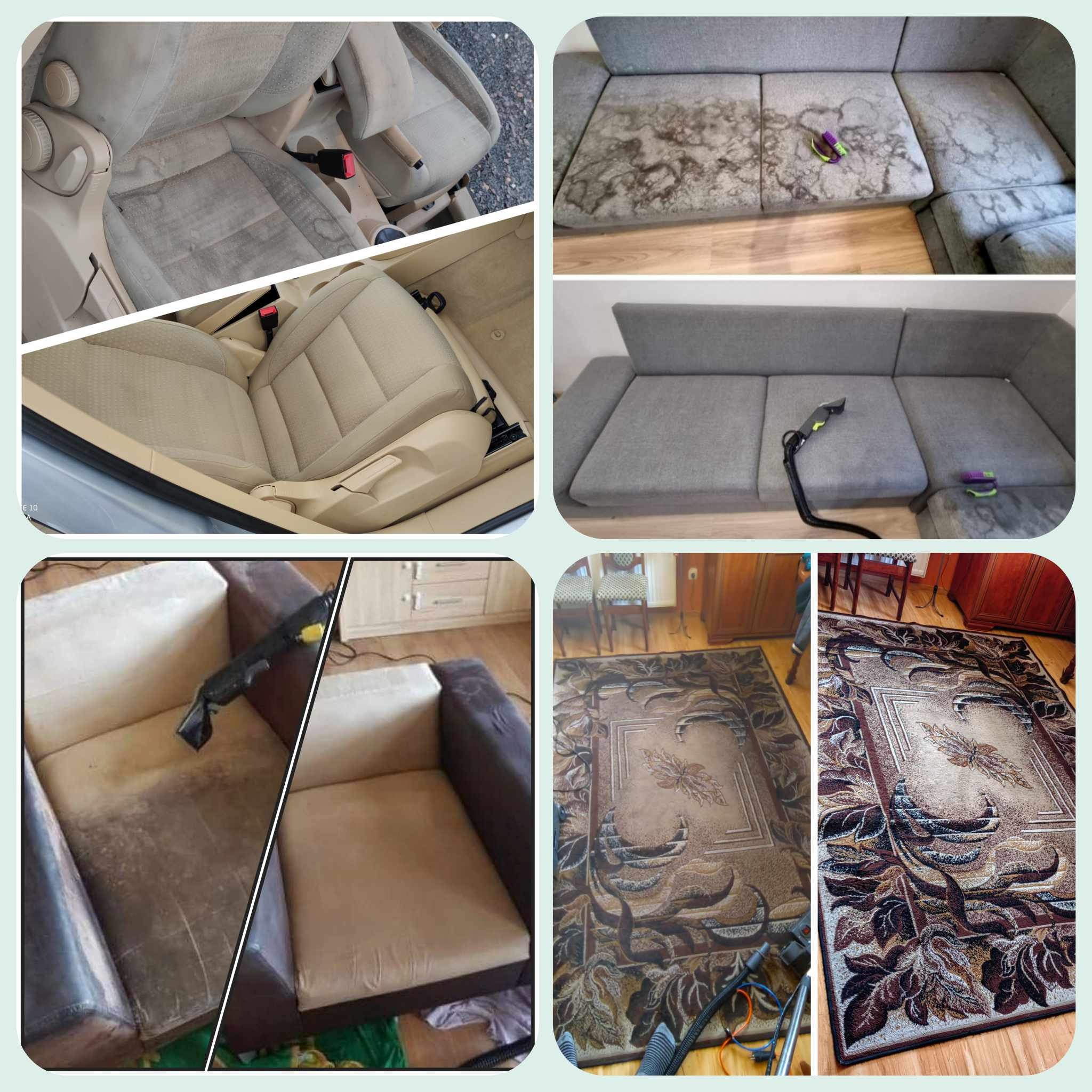 Kolaż zdjęć tapicerki samochodowej, sofy i dywanu przed i po czyszczeniu, ukazujący efektywność usługi. Widoczne różnice w czystości i odświeżeniu materiałów.