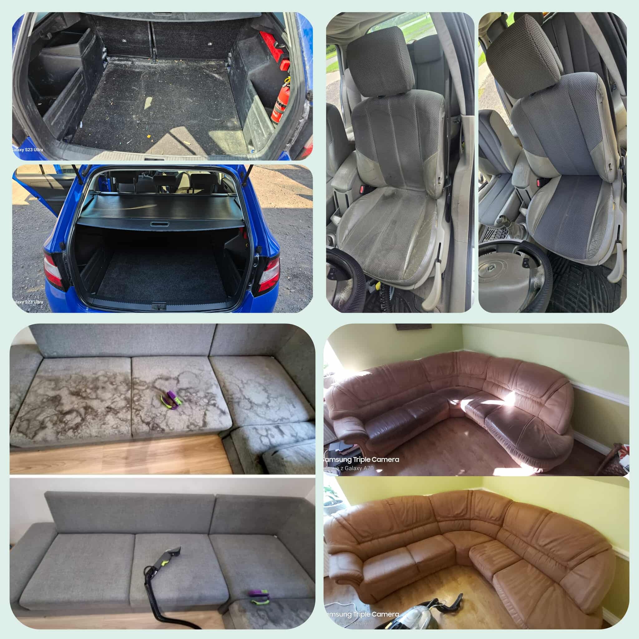 Kolaż zdjęć: wnętrze bagażnika auta przed czyszczeniem, fotele samochodowe przed i po czyszczeniu, narożnik tapicerowany przed i po czyszczeniu.