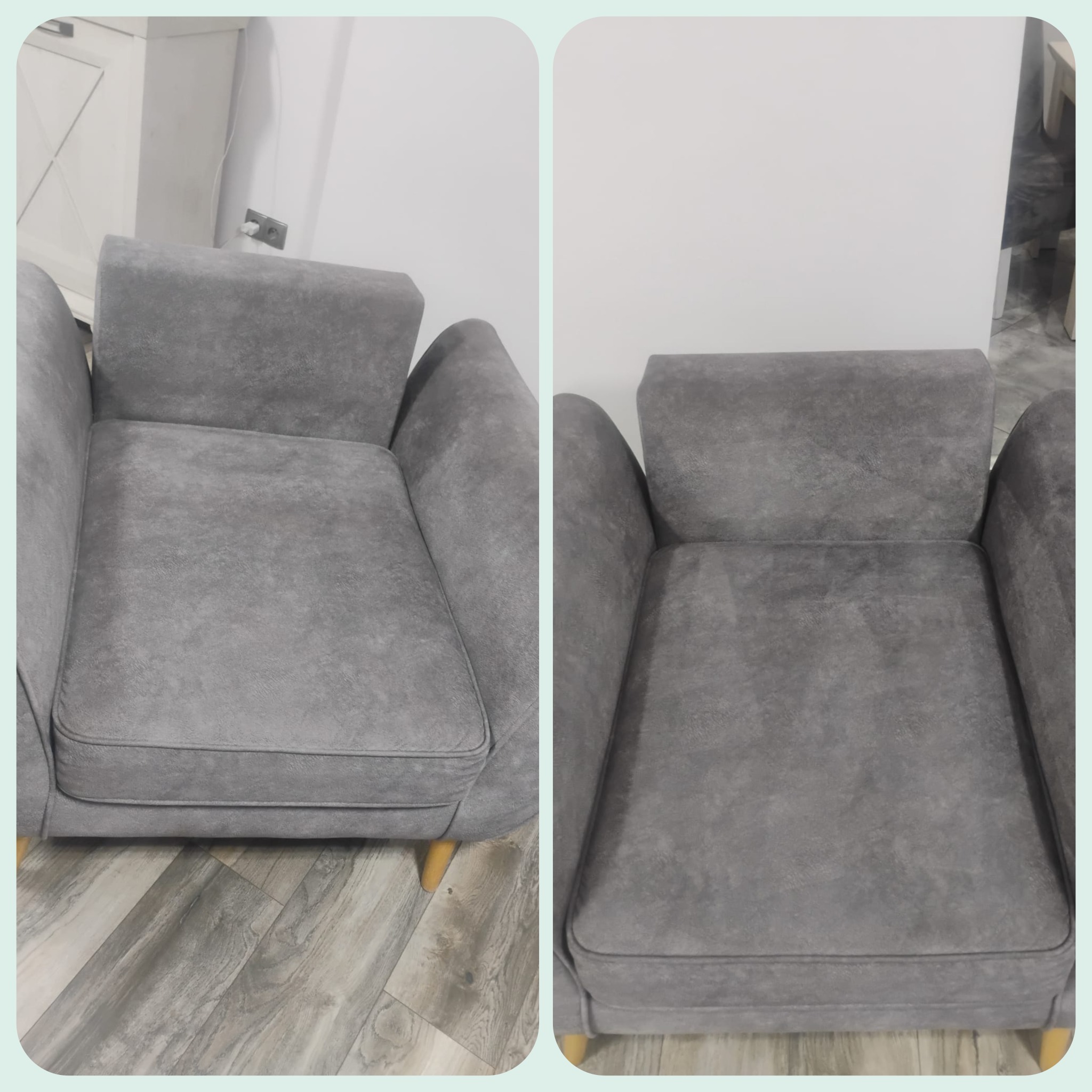 Szara kanapa przed i po czyszczeniu tapicerki, widoczne różnice w odcieniu i plamach. Porównanie efektu prania na gładkim materiale z bliska.