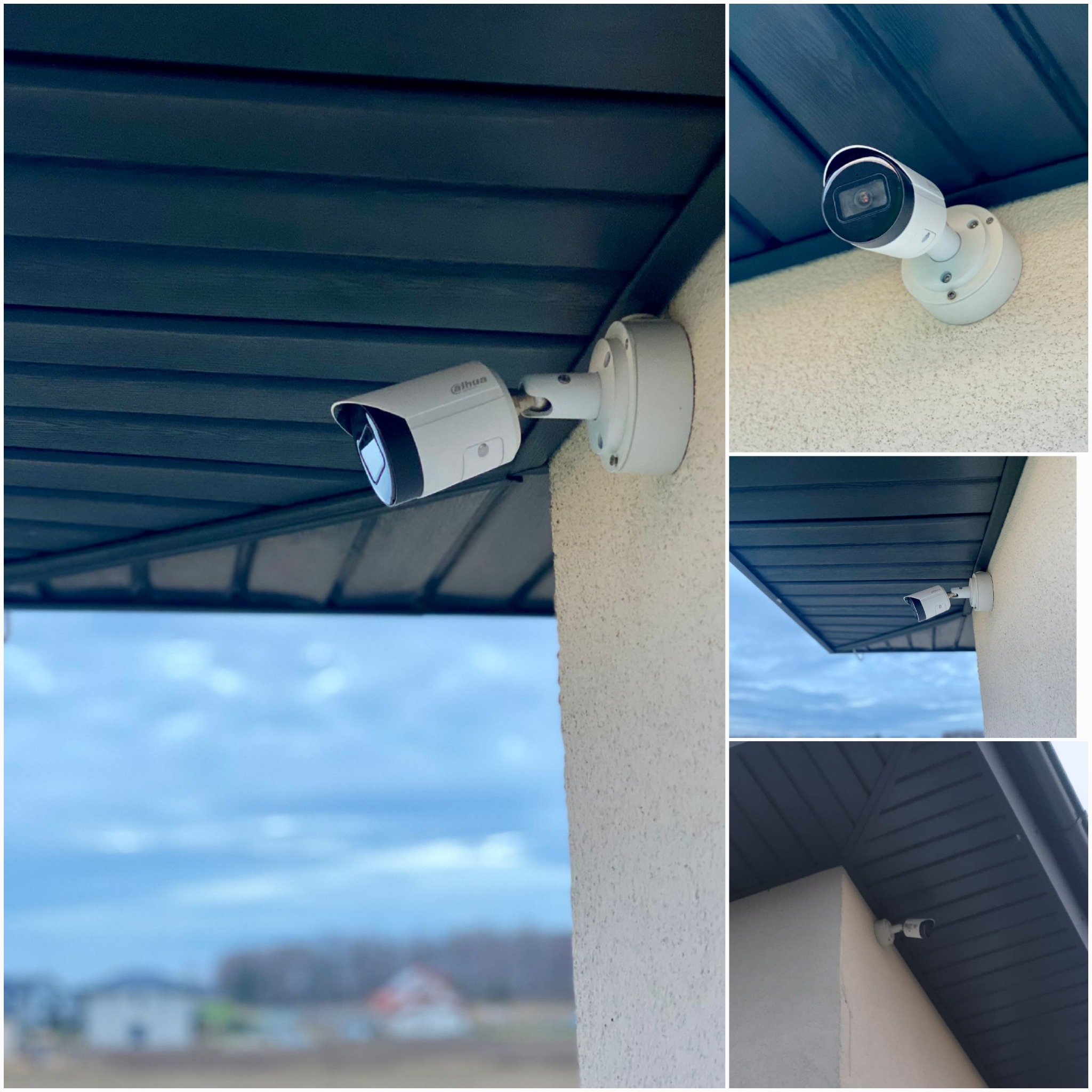 Zestawienie ujęć białej kamery monitoringu Dahua zamontowanej na elewacji budynku z ciemną podbitką. Widok z różnych perspektyw, w tle rozmyty krajobraz.