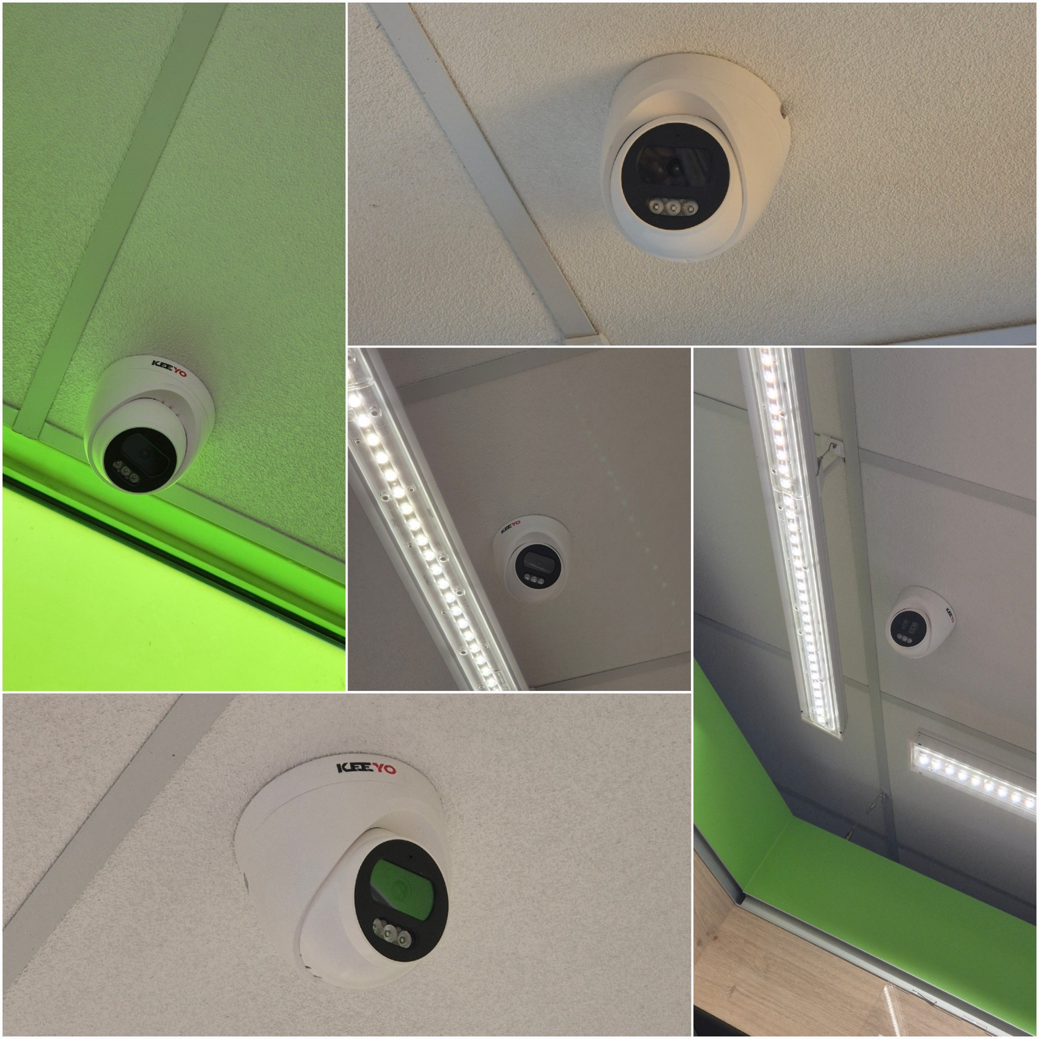 Montaż kamery kopułkowej marki Keeyo na suficie podwieszanym. Widoczne oświetlenie LED. Kolaż zdjęć z różnych perspektyw. Monitoring wizyjny.