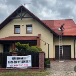 Pracownik na drabinie czyści dach domu z czerwonej dachówki. Na płocie baner z napisem 'Malowanie dachów i elewacji'.