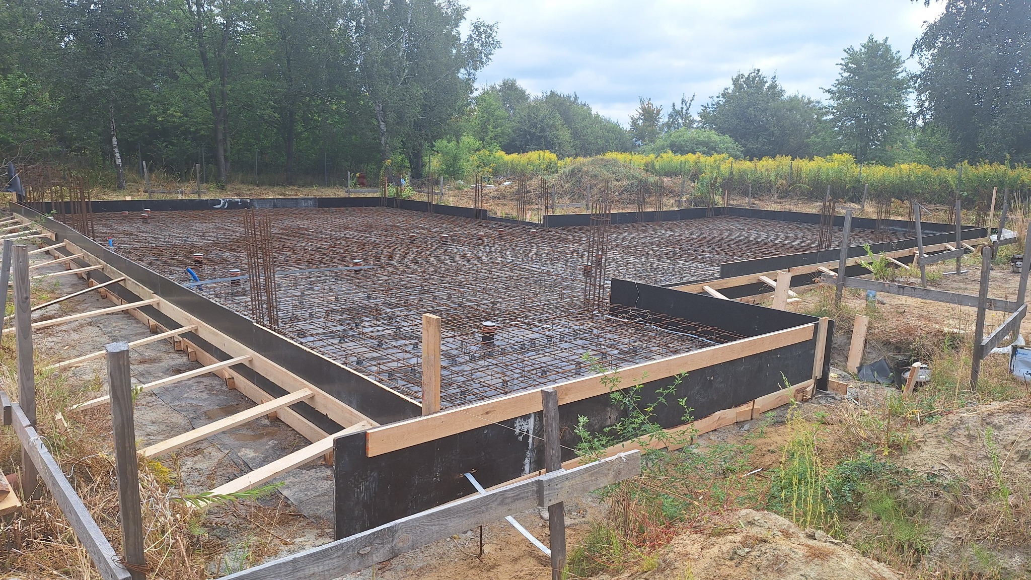 Zbrojenie fundamentów pod budynek jednorodzinny, widoczne szalunki i siatka zbrojeniowa. W tle zieleń drzew i krzewów, dzień.