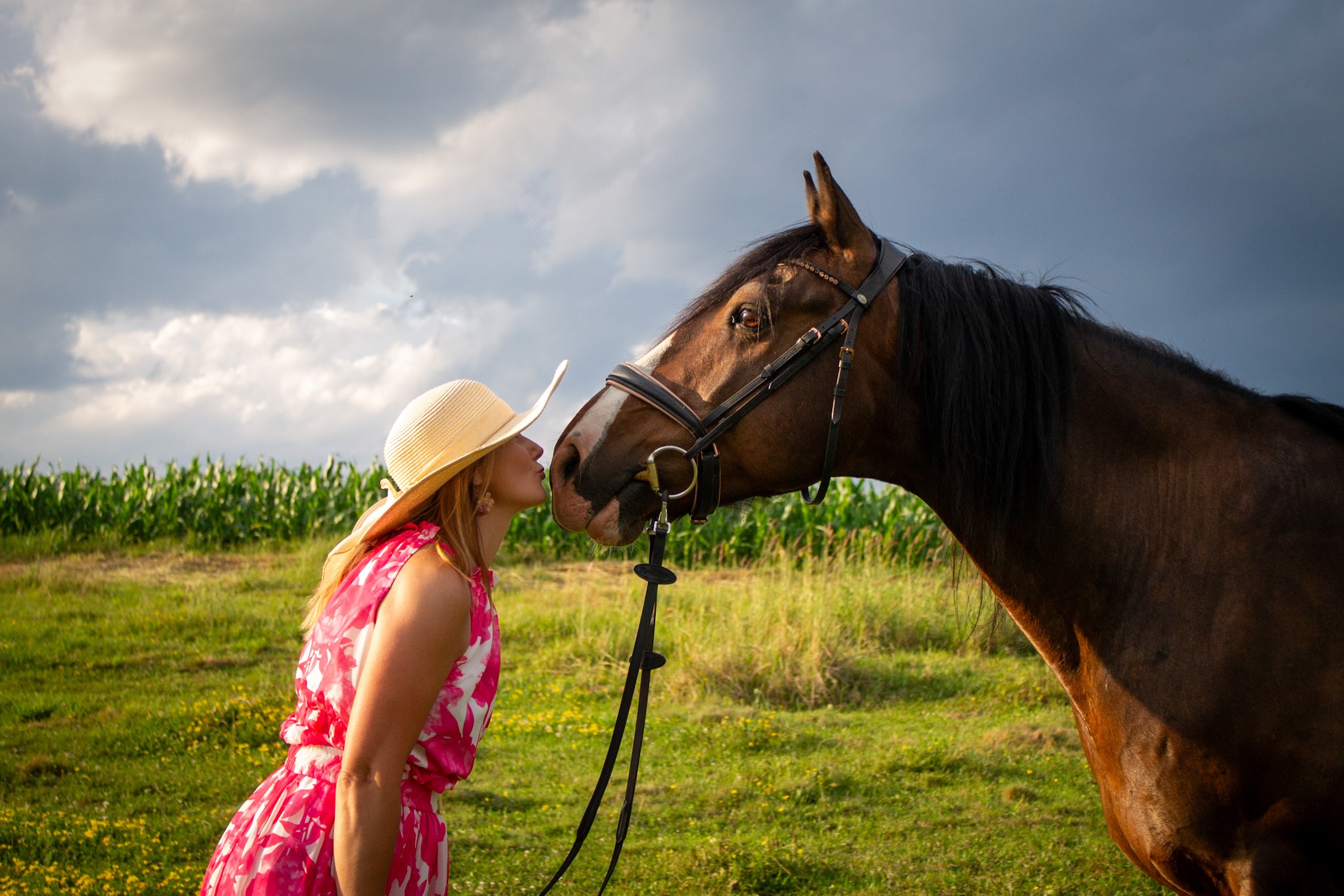 Kobieta w sukience i kapeluszu całuje konia na tle pola kukurydzy i pochmurnego nieba. Ujęcie z profilu, ciepłe światło.