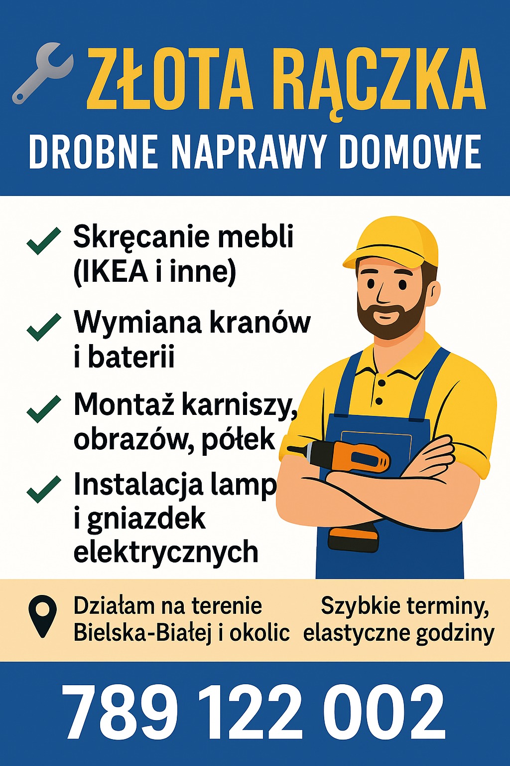Grafika reklamowa: Złota Rączka - drobne naprawy domowe. Oferta skręcania mebli, wymiany kranów, montażu karniszy i instalacji lamp. Kontakt: 789 122 002, Bielsko-Biała.