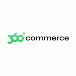 Minimalistyczne logo 360° commerce: gradientowa zieleń symbolu stopni i czarny napis 'commerce' na białym tle. Nowoczesny design dla firm e-commerce.