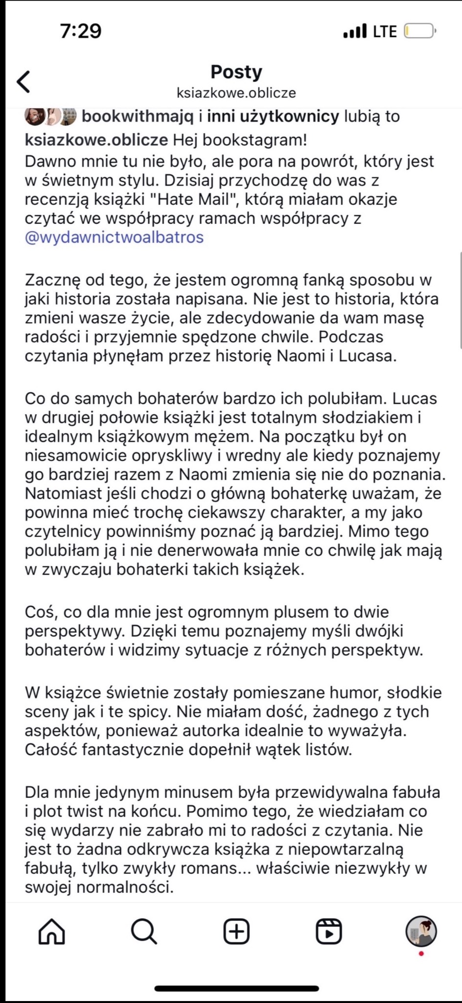 Zrzut ekranu z Instagrama: recenzja książki 'Hate Mail' użytkownika ksiazkowe.oblicze. Tekst opisuje fabułę i wrażenia z lektury, podkreślając plusy i minusy.