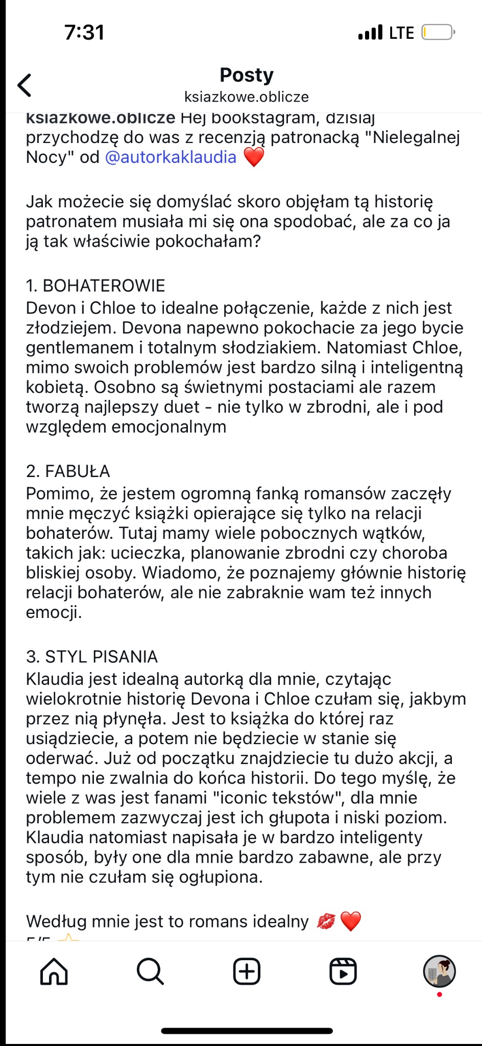 Recenzja książki 'Nielegalnej Nocy' na Instagramie użytkownika ksiazkowe.oblicze. Tekst podzielony na sekcje: Bohaterowie, Fabuła, Styl pisania.