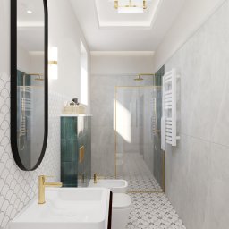 Corners Pracownia Paweł Szustakowski - Nowoczesna łazienka z umywalką na blacie, lustrem w czarnej ramie i kabiną prysznicową ze złotymi detalami. Widoczne płytki w stylu rybiej łuski i wzorzysta podłoga.