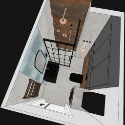 Corners Pracownia Paweł Szustakowski - Wizualizacja łazienki z kabiną prysznicową typu walk-in, umywalką, toaletą i pralką. Widok z góry, nowoczesny design z elementami miedzi i szarości.