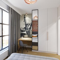 Corners Pracownia Paweł Szustakowski - Nowoczesna sypialnia z biurkiem i fototapetą z motywem portowym. W lustrze odbicie ceglanej ściany i zegara. Minimalistyczna lampa w kolorze miedzi.
