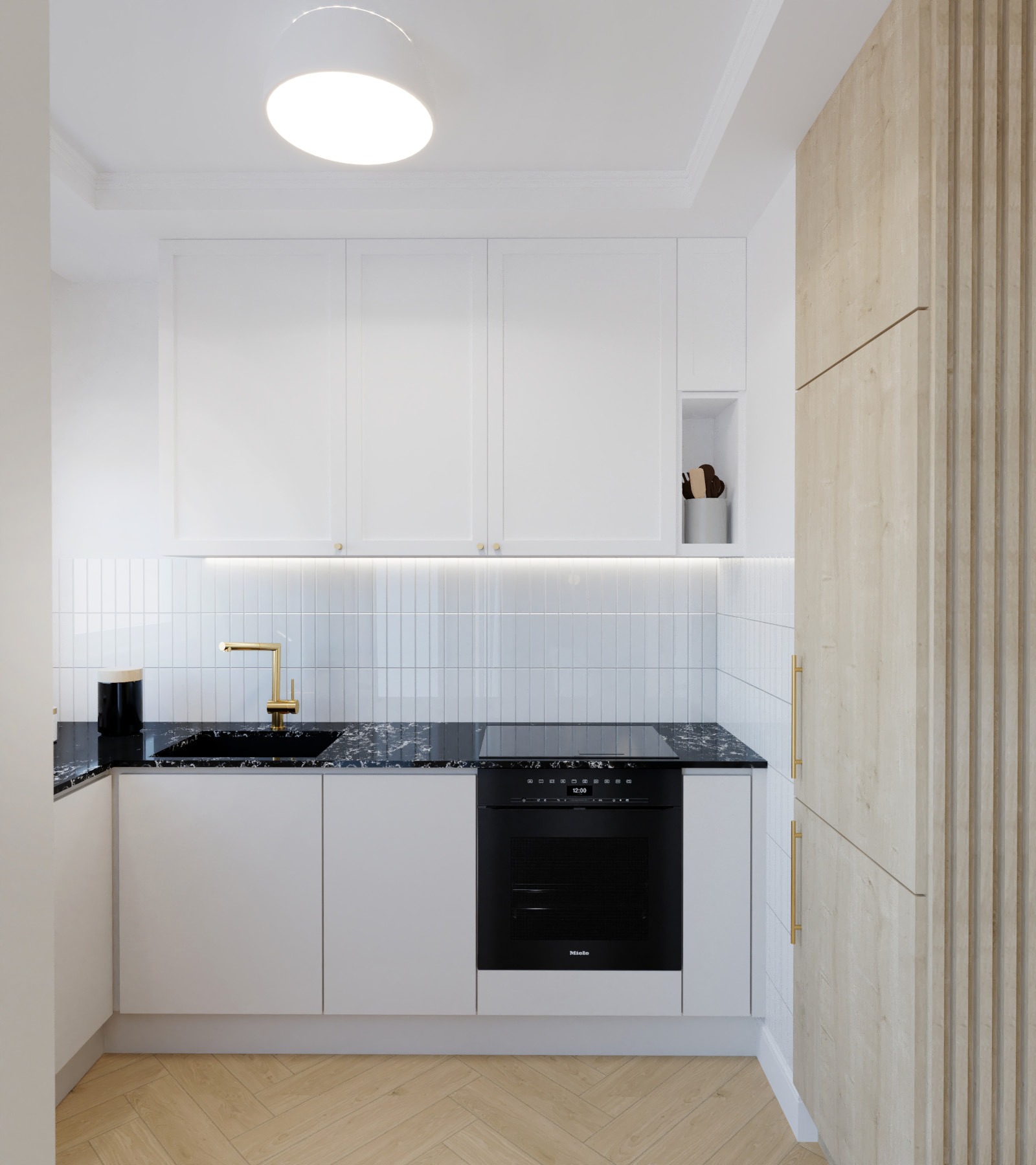 Nowoczesna kuchnia: białe szafki, czarny blat z marmurkowym wzorem, złota bateria i drewniane panele. Minimalistyczny design z dbałością o detale.
