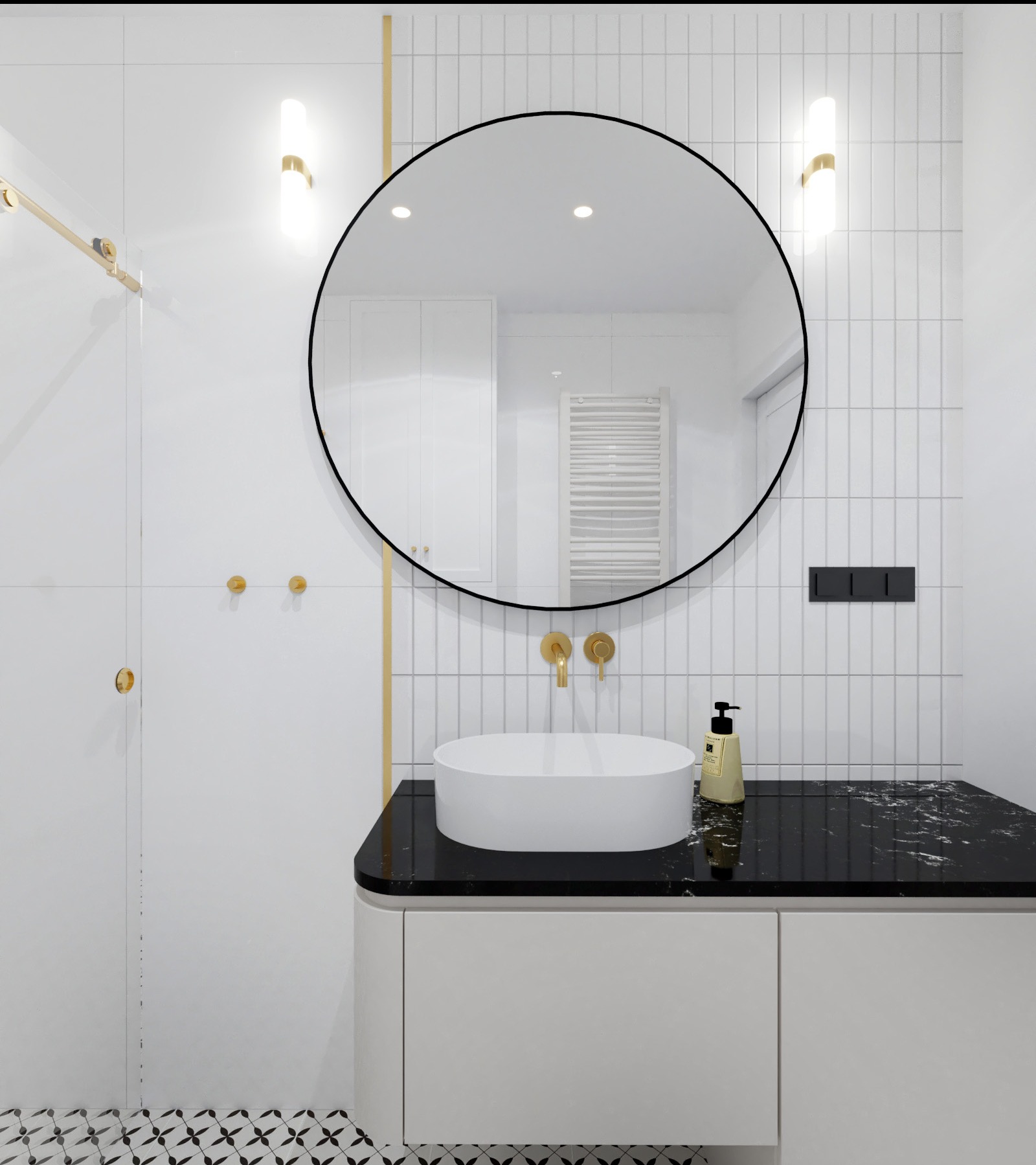 Elegancka łazienka z okrągłym lustrem i czarnym blatem umywalki. Białe płytki na ścianach i podłodze z geometrycznym wzorem. Złote akcenty armatury i oświetlenia.