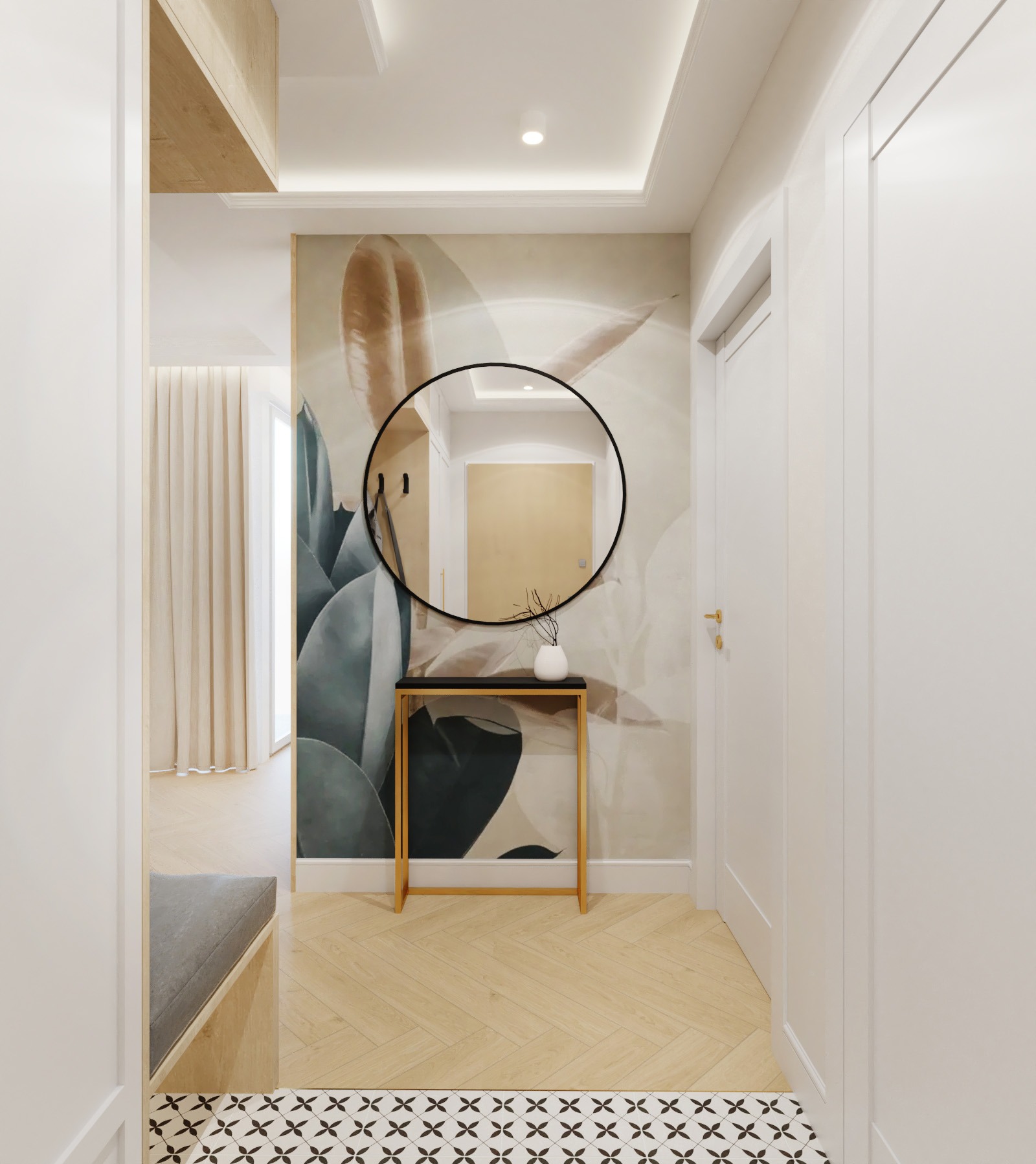 Hall z okrągłym lustrem, konsolą na złotych nogach i tapetą w motywy roślinne. Parkiet ułożony w jodełkę, czarno-biała mozaika pod ławką. Minimalistyczny styl.