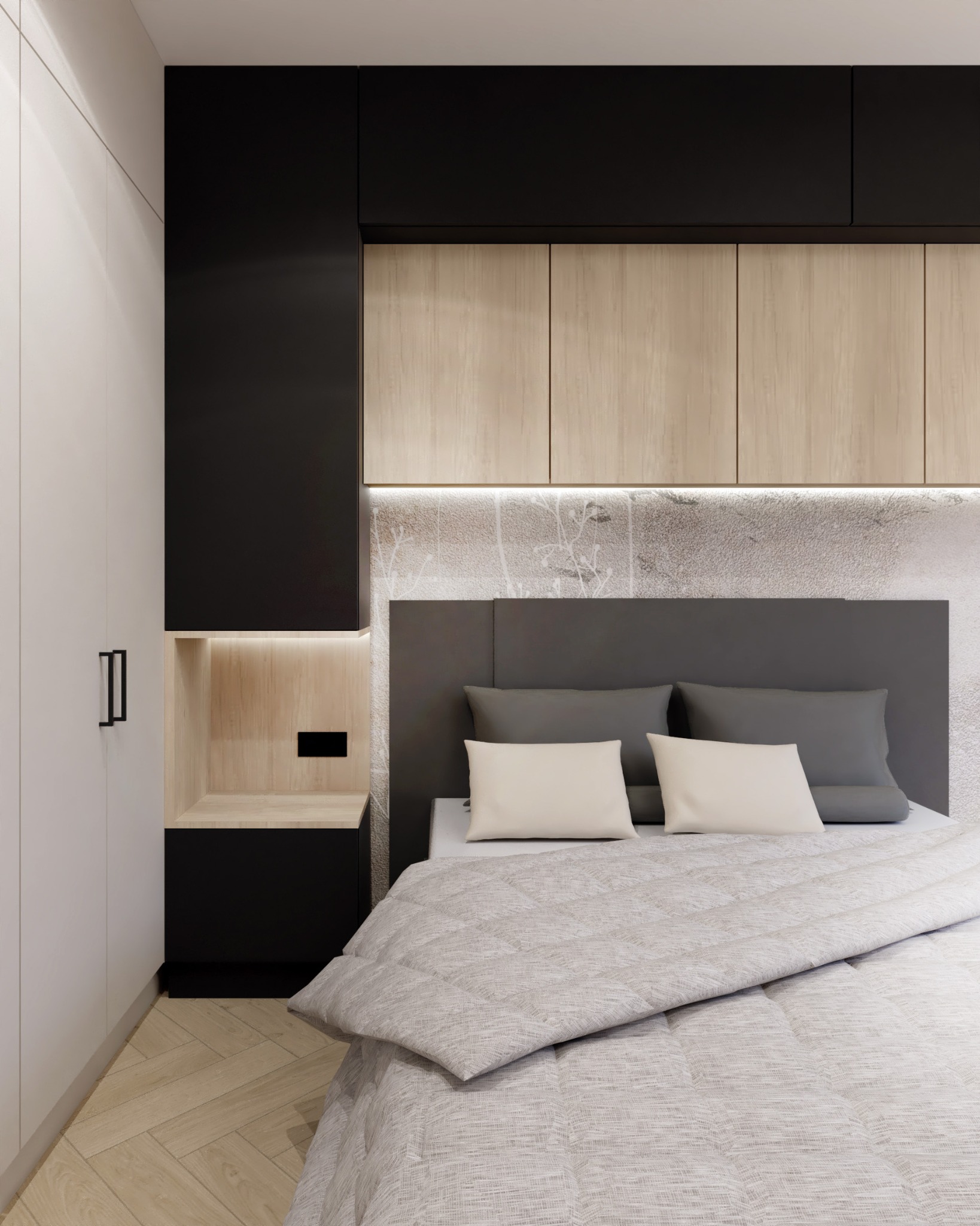 Nowoczesna sypialnia: łóżko z szarą ramą i beżową pościelą, czarne szafki nocne z oświetleniem LED, biała szafa i parkiet w jodełkę. Minimalistyczny wystrój.