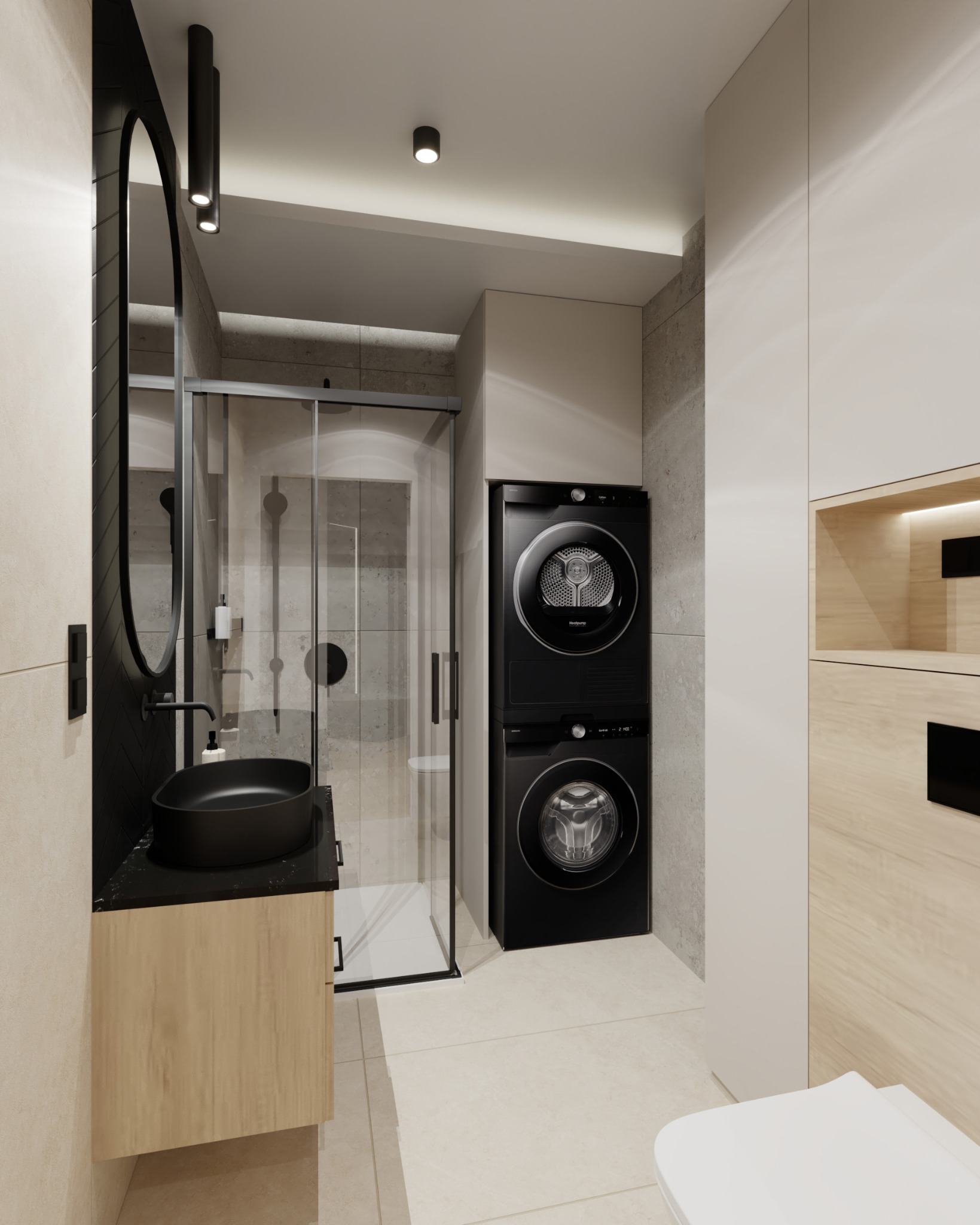 Nowoczesna łazienka z czarną armaturą, kabiną prysznicową i pralko-suszarką w zabudowie. Jasne płytki i drewniane akcenty tworzą spójny, minimalistyczny design.