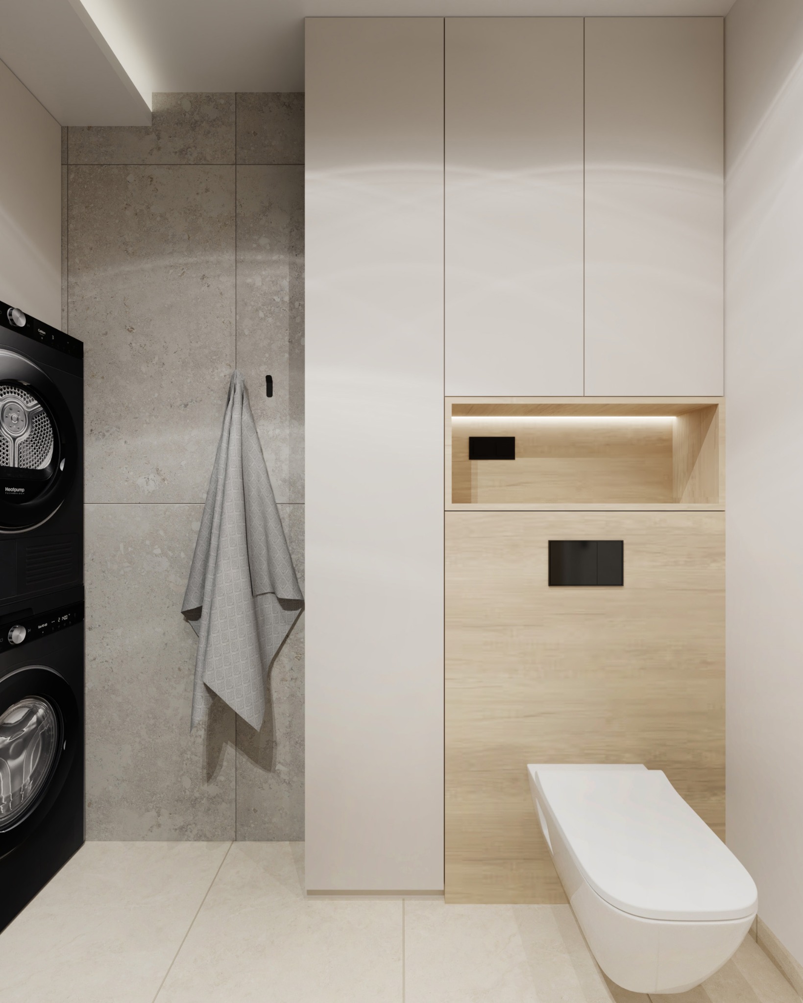 Nowoczesna łazienka z pralką i suszarką w czarnym kolorze. Minimalistyczny design, jasne płytki, drewniane akcenty i wisząca toaleta. Szary ręcznik na ścianie.