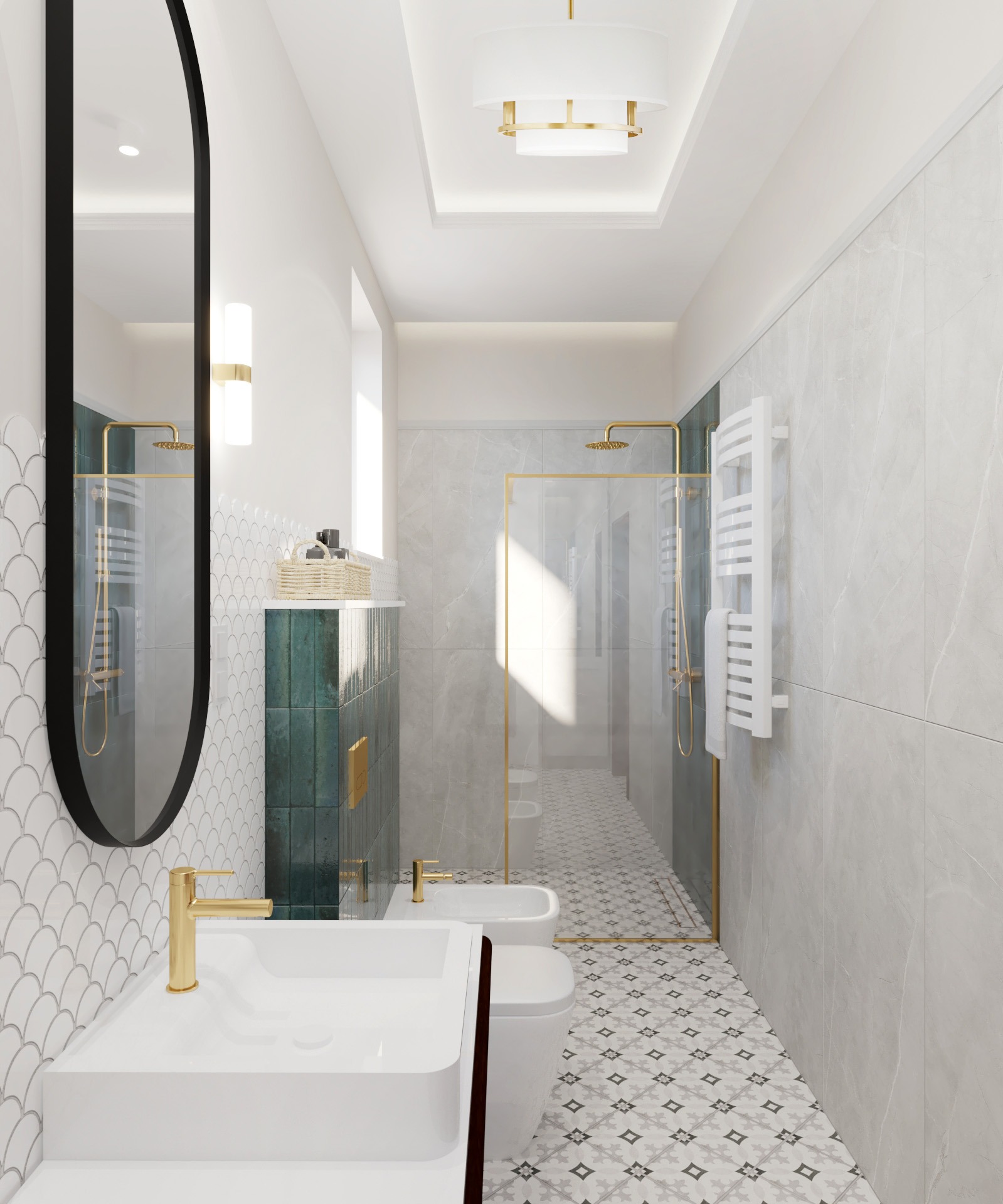 Nowoczesna łazienka z umywalką na blacie, lustrem w czarnej ramie i kabiną prysznicową ze złotymi detalami. Widoczne płytki w stylu rybiej łuski i wzorzysta podłoga.