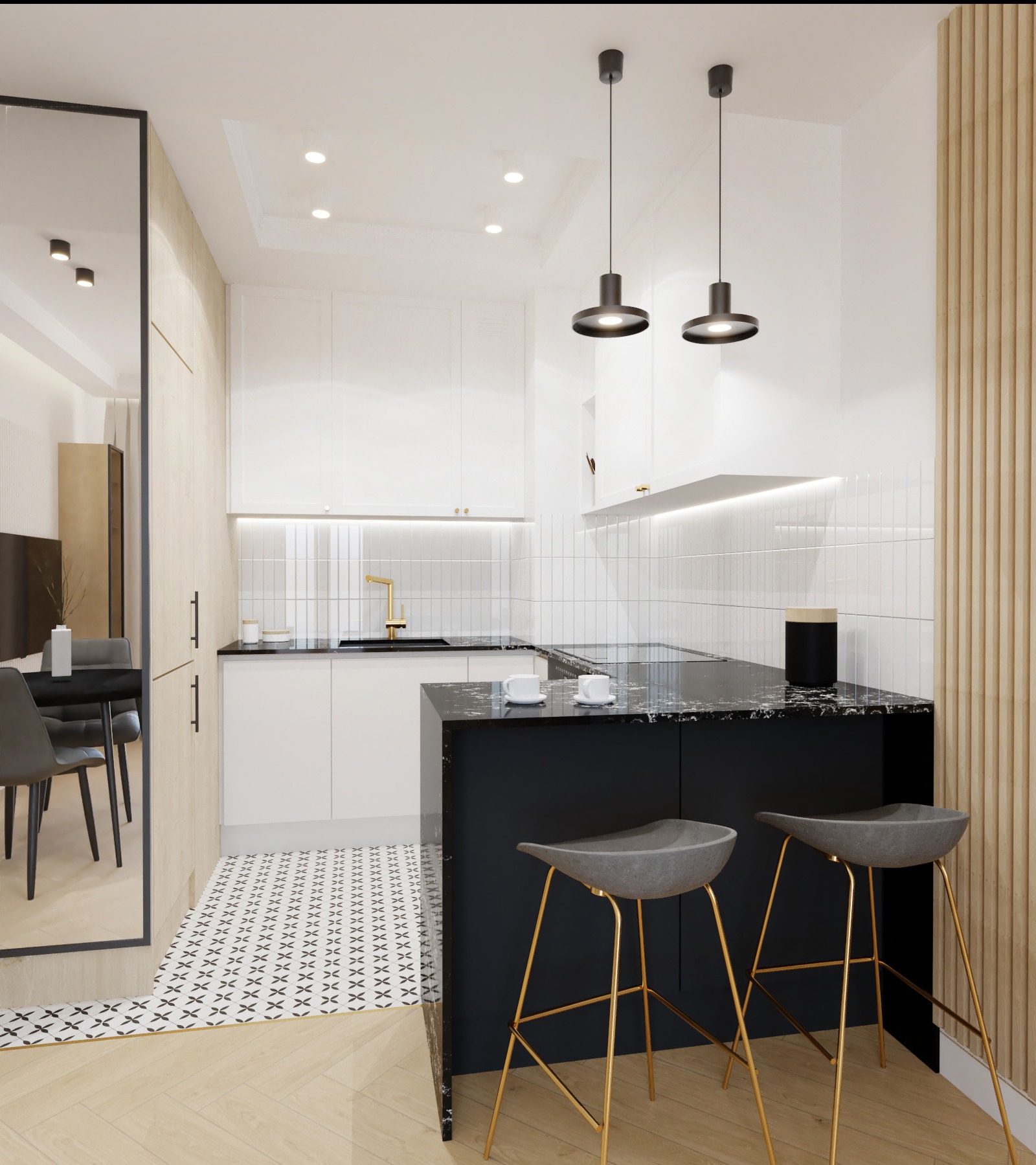 Nowoczesna kuchnia z czarnym blatem, białymi szafkami i złotymi akcentami. Dwa szare krzesła barowe stoją przy wyspie. Widoczny fragment jadalni z lustrem.