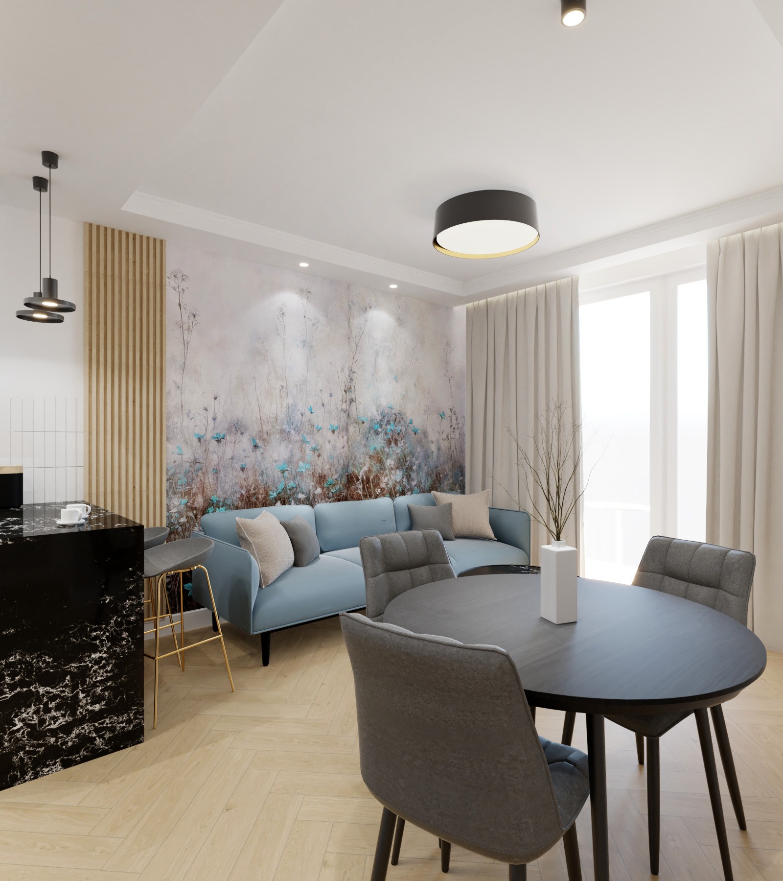 Wnętrze mieszkania: błękitna sofa na tle ściany z motywem łąki, czarny stół z szarymi krzesłami i marmurowy barek z hokerami. Całość w jasnej tonacji.