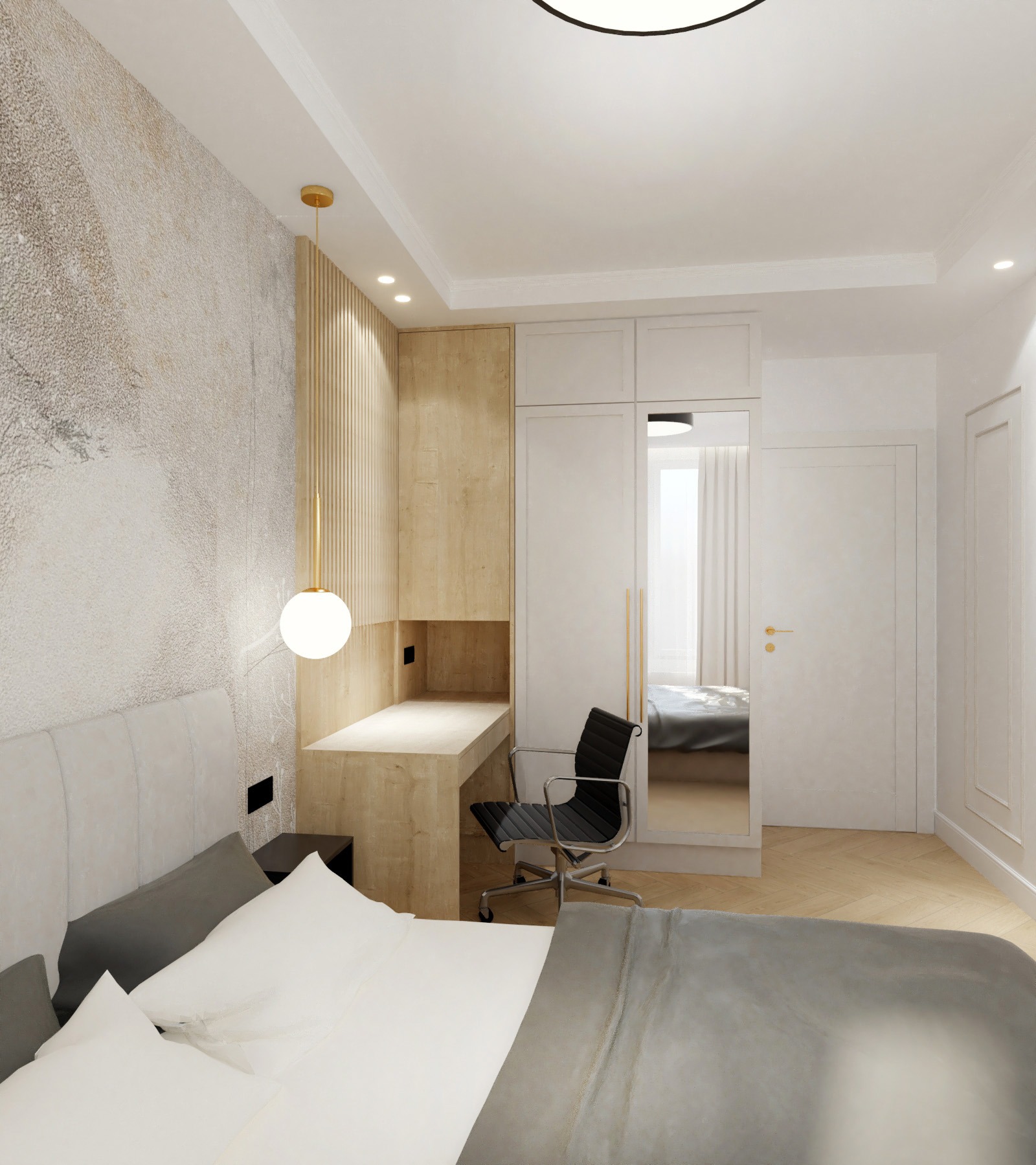 Nowoczesna sypialnia z biurkiem i szafą w zabudowie, lustro odbija fragment drugiego pokoju. Ściana z dekoracyjnym wzorem, lampa wisząca z kulistym kloszem.