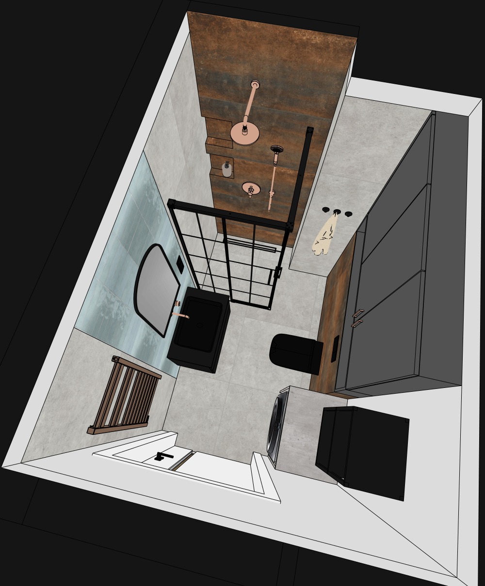 Wizualizacja łazienki z kabiną prysznicową typu walk-in, umywalką, toaletą i pralką. Widok z góry, nowoczesny design z elementami miedzi i szarości.