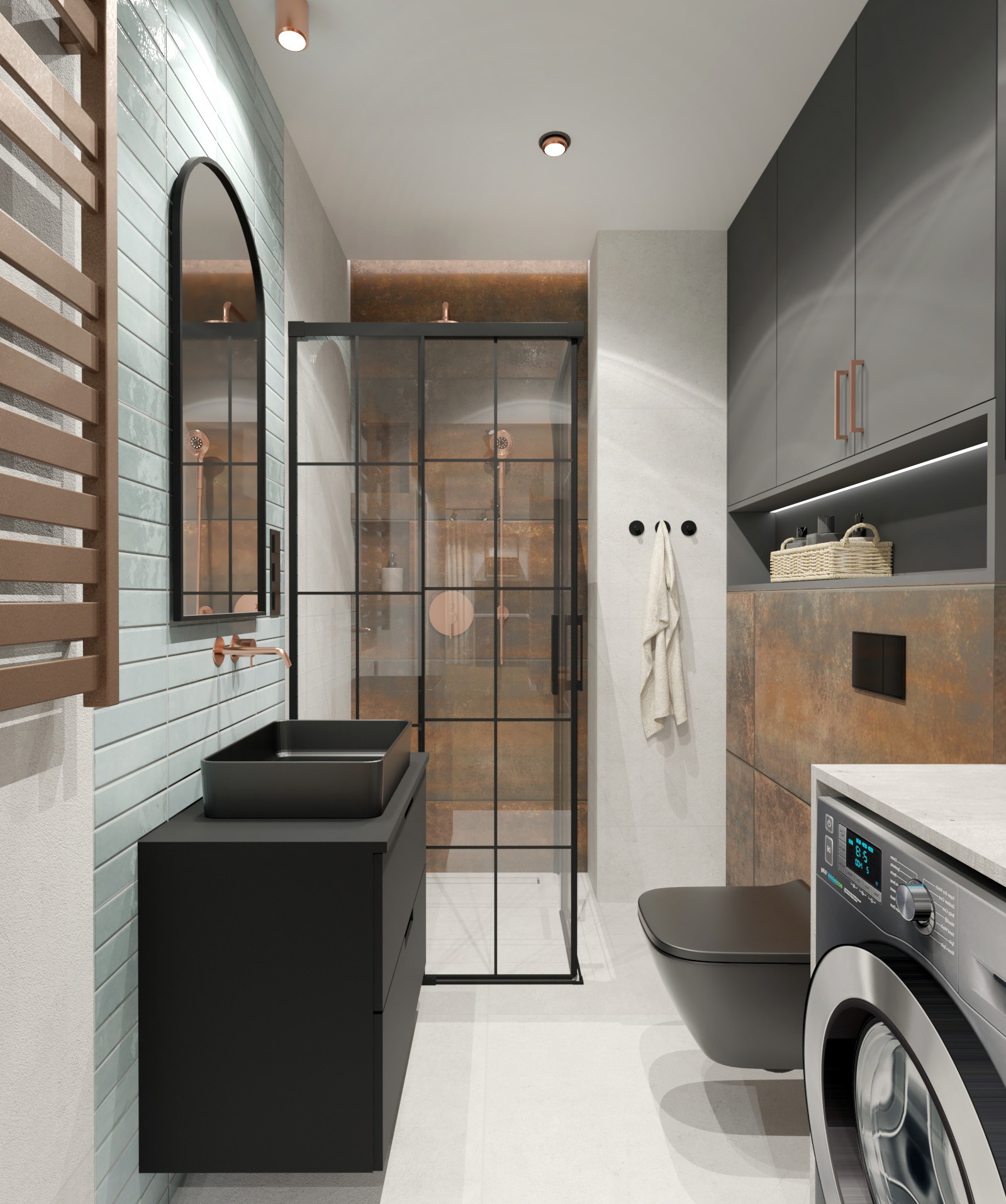 Nowoczesna łazienka z kabiną prysznicową typu walk-in, umywalką nablatową i pralką. Uwagę przyciągają płytki imitujące rdzę i armatura w kolorze miedzi.