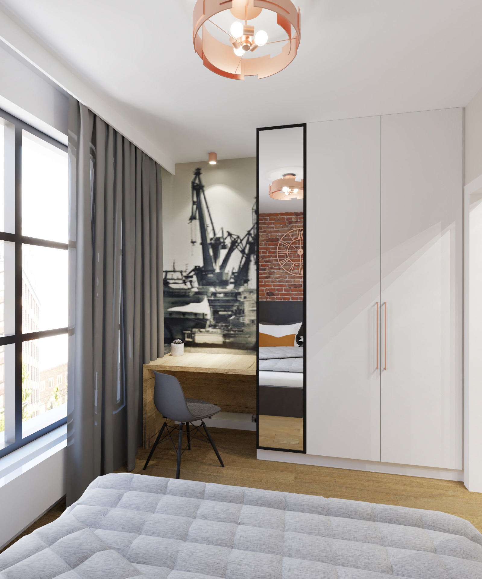 Nowoczesna sypialnia z biurkiem i fototapetą z motywem portowym. W lustrze odbicie ceglanej ściany i zegara. Minimalistyczna lampa w kolorze miedzi.