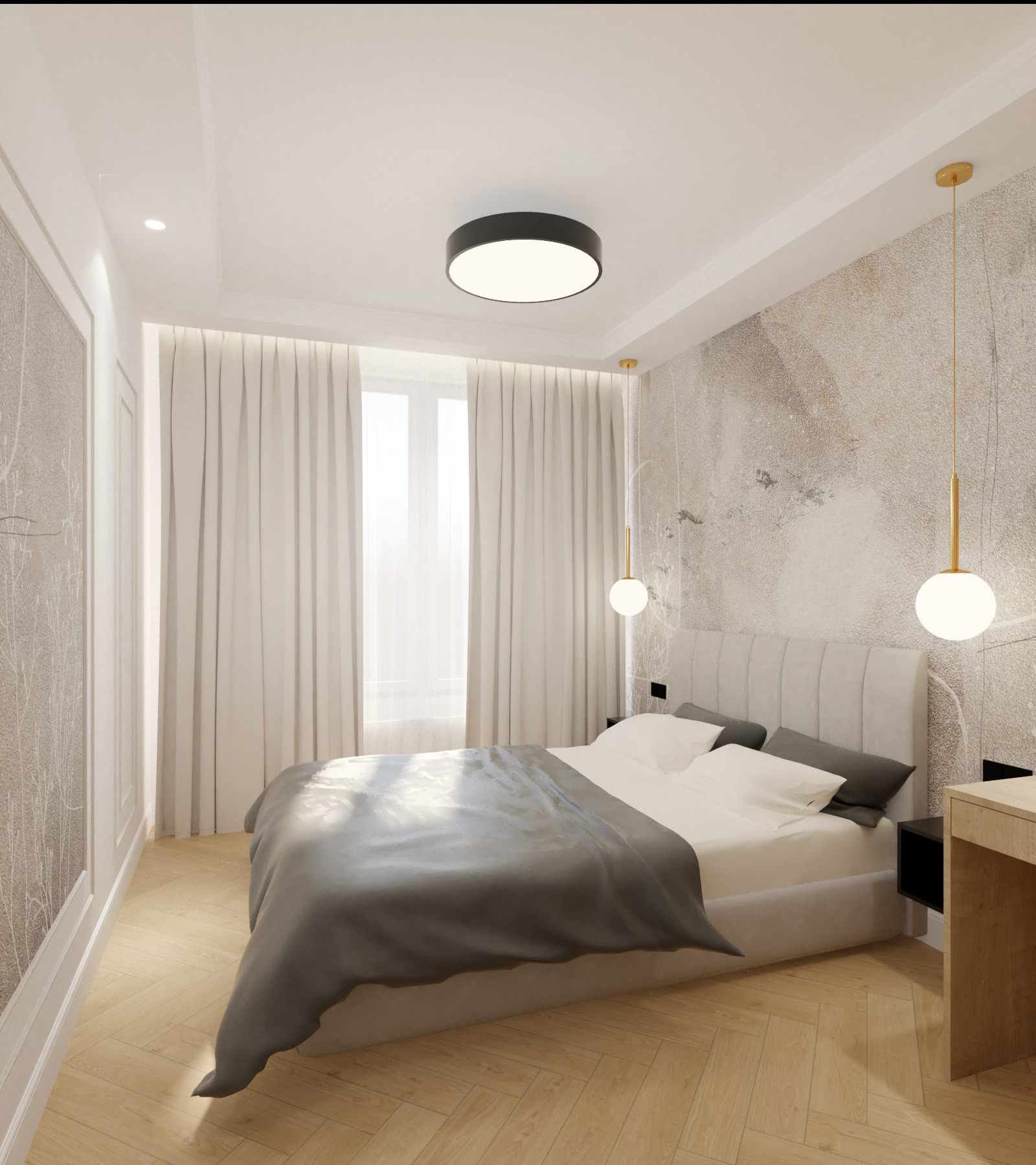 Nowoczesna sypialnia z łóżkiem kontynentalnym, lampami wiszącymi i parkietem ułożonym w jodełkę, Gdańsk. Stonowana kolorystyka, minimalistyczny design.